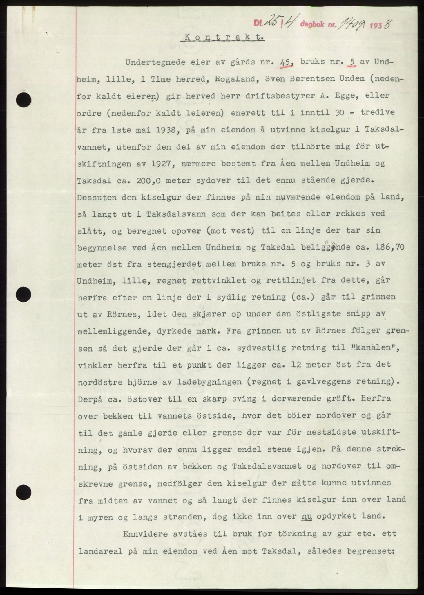 Jæren sorenskriveri, SAST/A-100310/03/G/Gba/L0070: Mortgage book, 1938-1938, Diary no: : 1409/1938