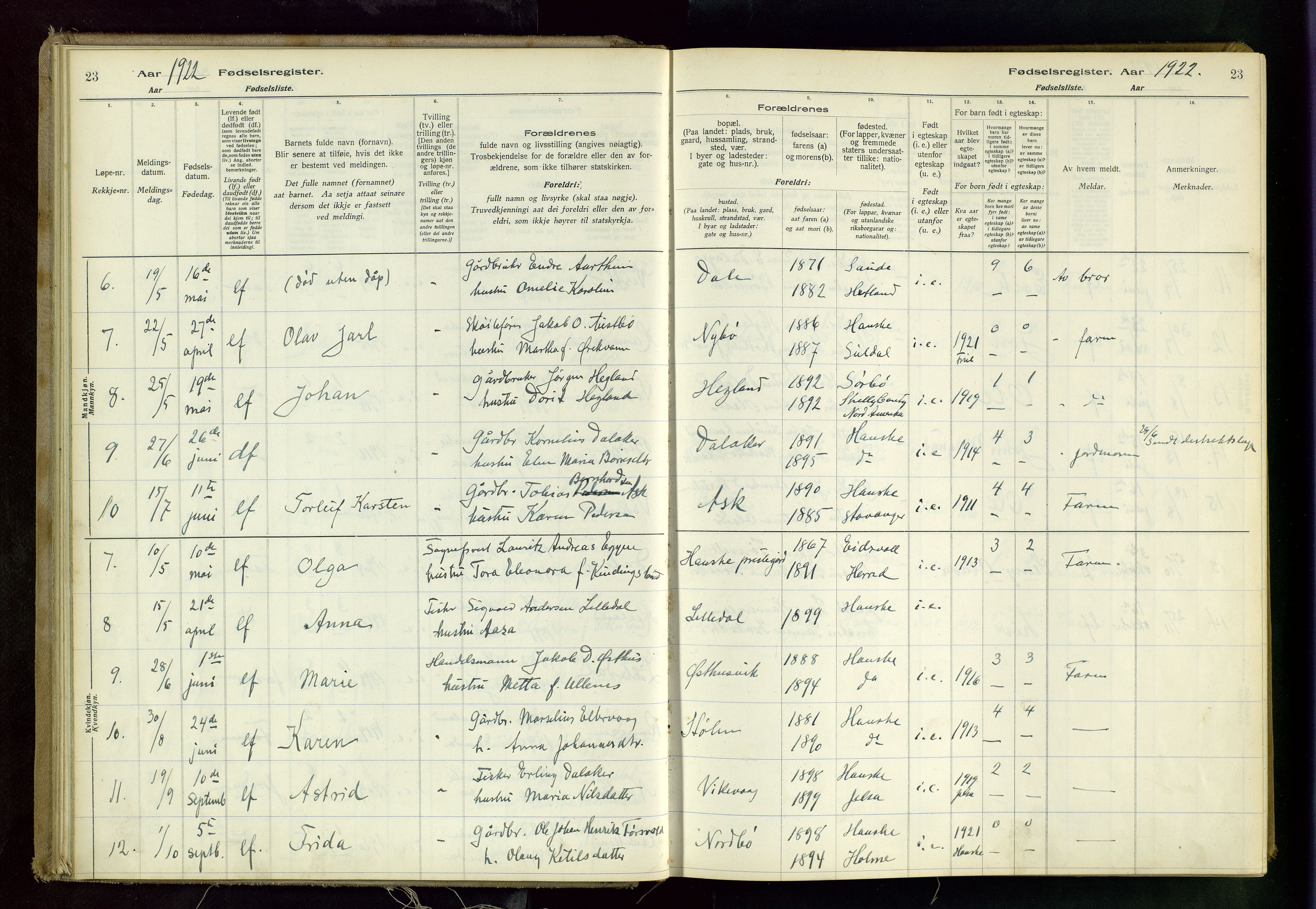 Rennesøy sokneprestkontor, AV/SAST-A -101827/I/Id/L0001: Birth register no. 1, 1916-1982, p. 23