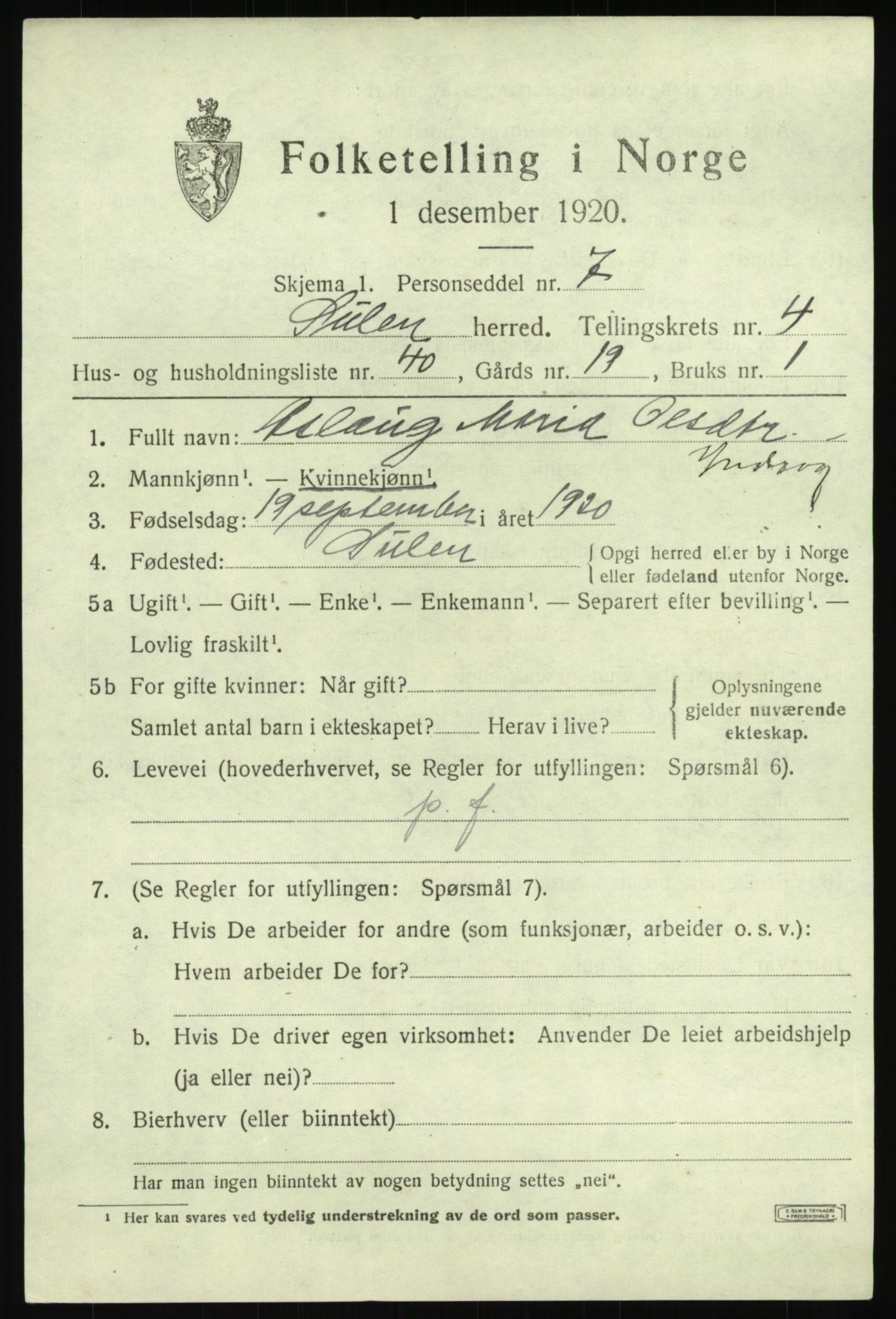 SAB, 1920 census for Solund, 1920, p. 2222