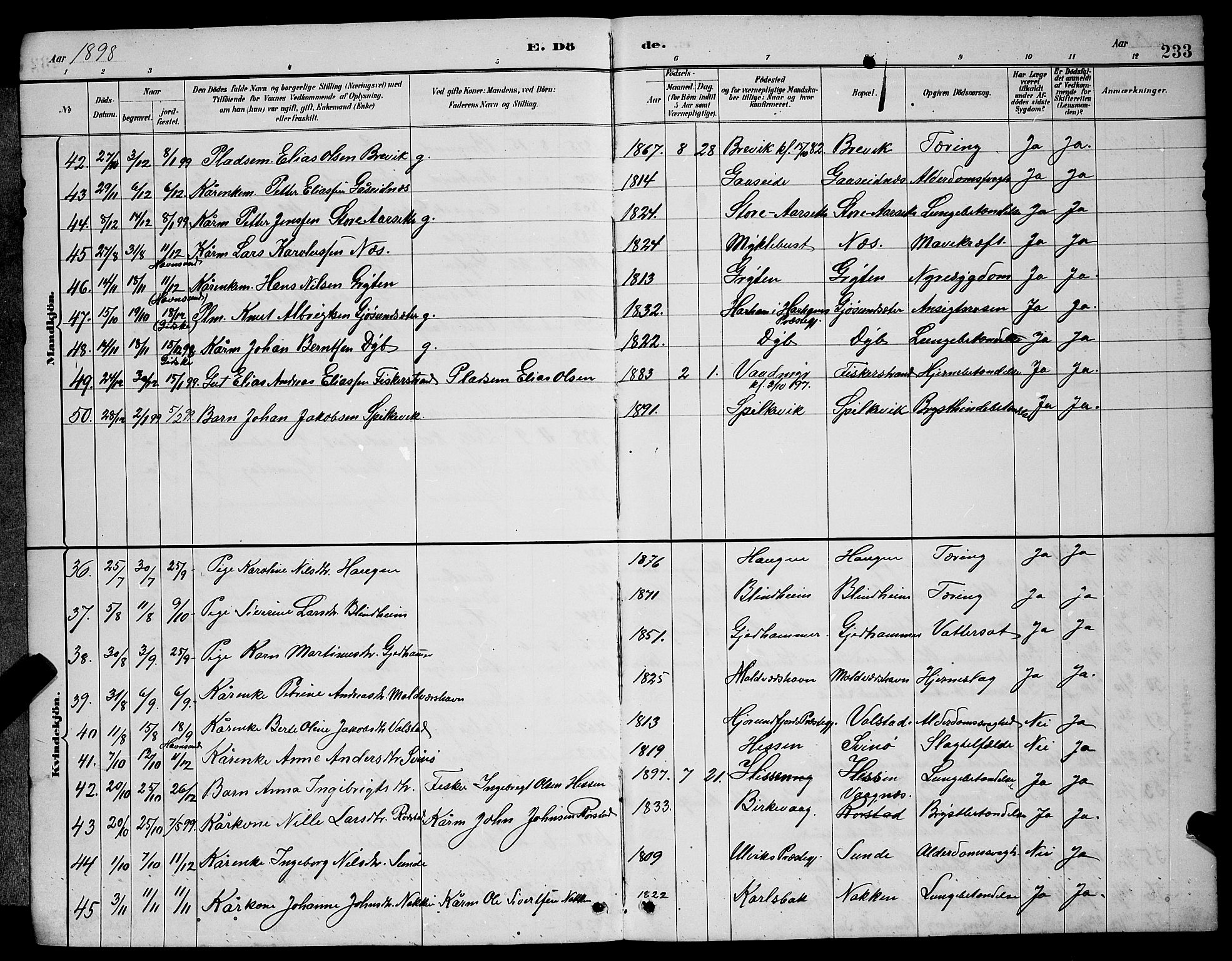 Ministerialprotokoller, klokkerbøker og fødselsregistre - Møre og Romsdal, AV/SAT-A-1454/528/L0430: Parish register (copy) no. 528C11, 1884-1899, p. 233