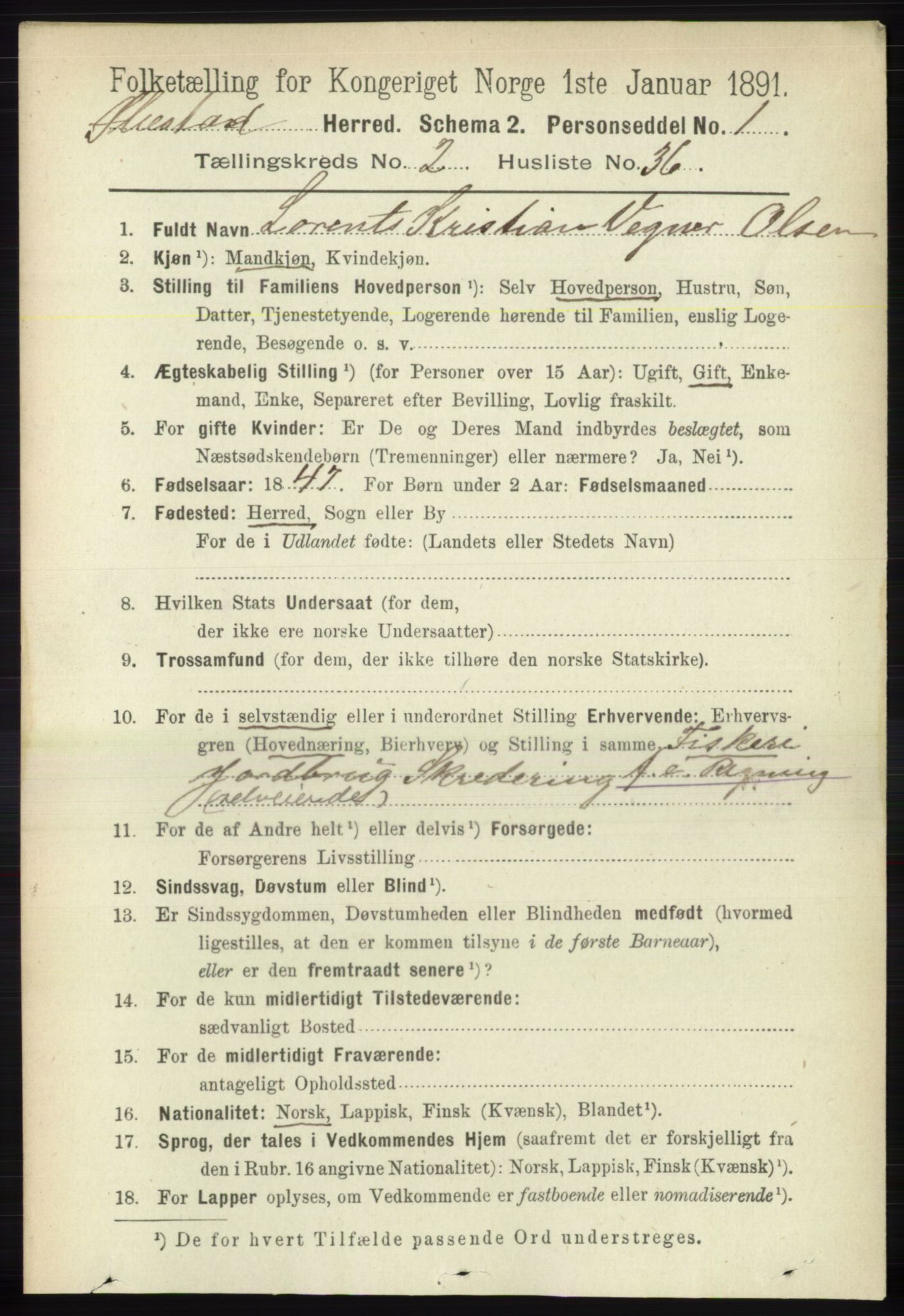 RA, 1891 census for 1917 Ibestad, 1891, p. 1039
