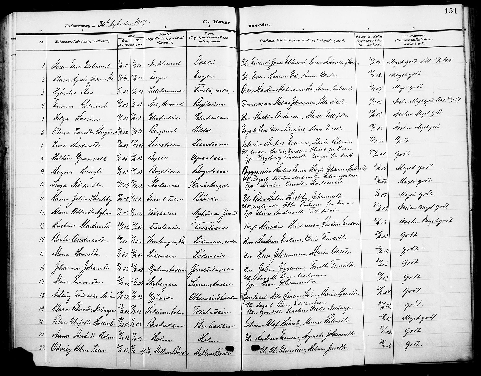 Ringsaker prestekontor, AV/SAH-PREST-014/L/La/L0017: Parish register (copy) no. 17, 1905-1920, p. 151