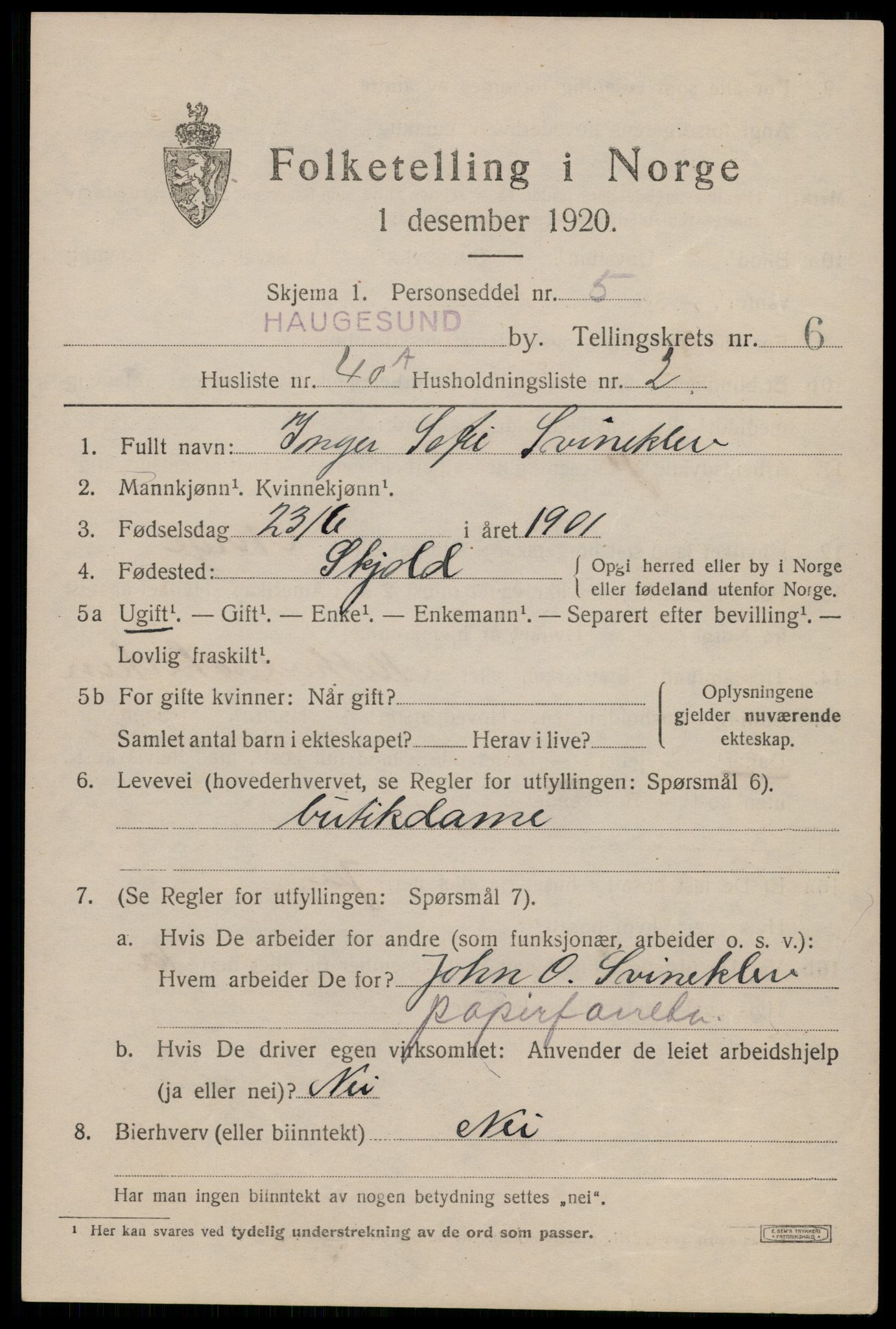 SAST, 1920 census for Haugesund, 1920, p. 22239