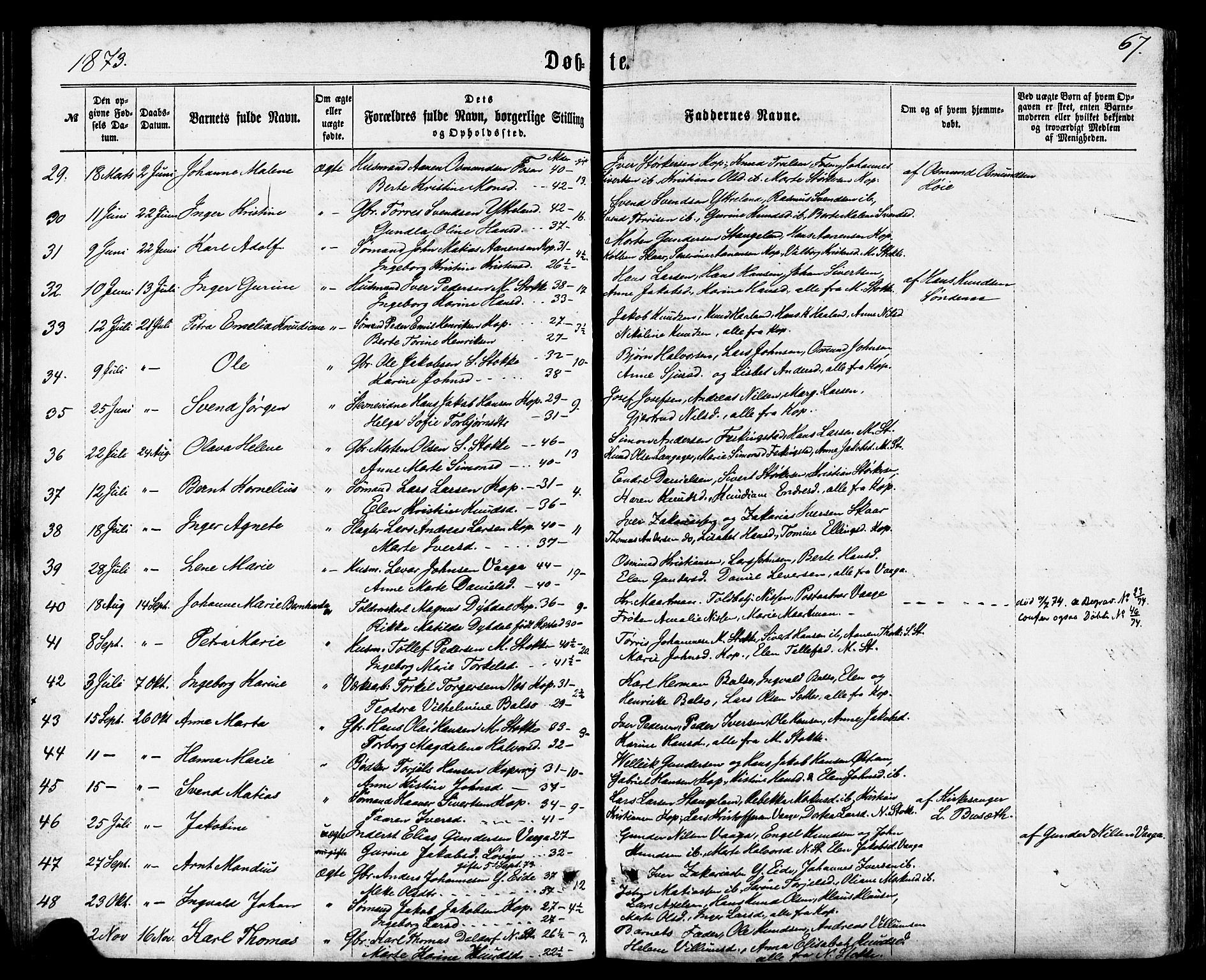 Avaldsnes sokneprestkontor, SAST/A -101851/H/Ha/Haa/L0011: Parish register (official) no. A 11, 1861-1880, p. 67