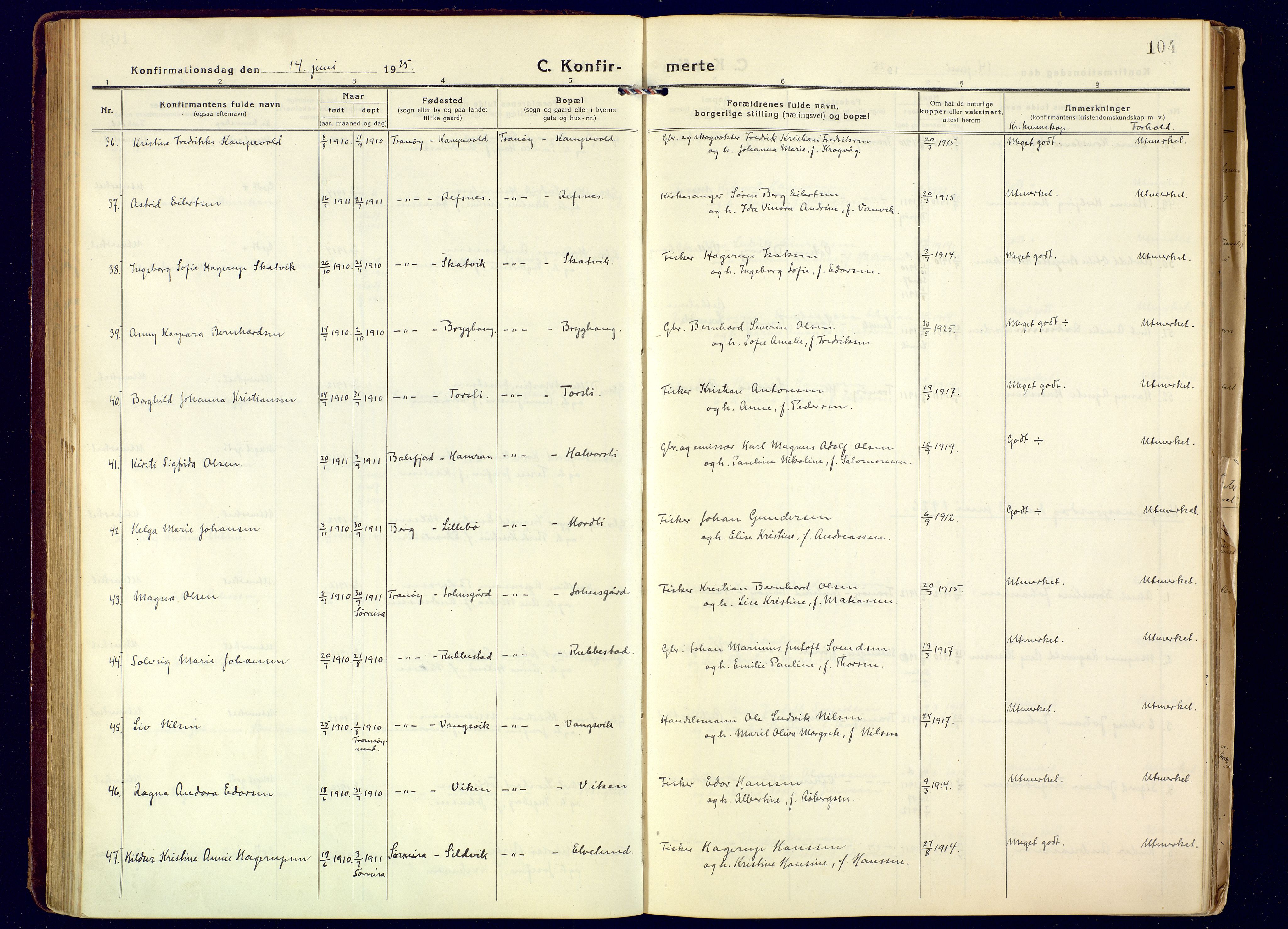 Tranøy sokneprestkontor, AV/SATØ-S-1313/I/Ia/Iaa/L0016kirke: Parish register (official) no. 16, 1919-1932, p. 104