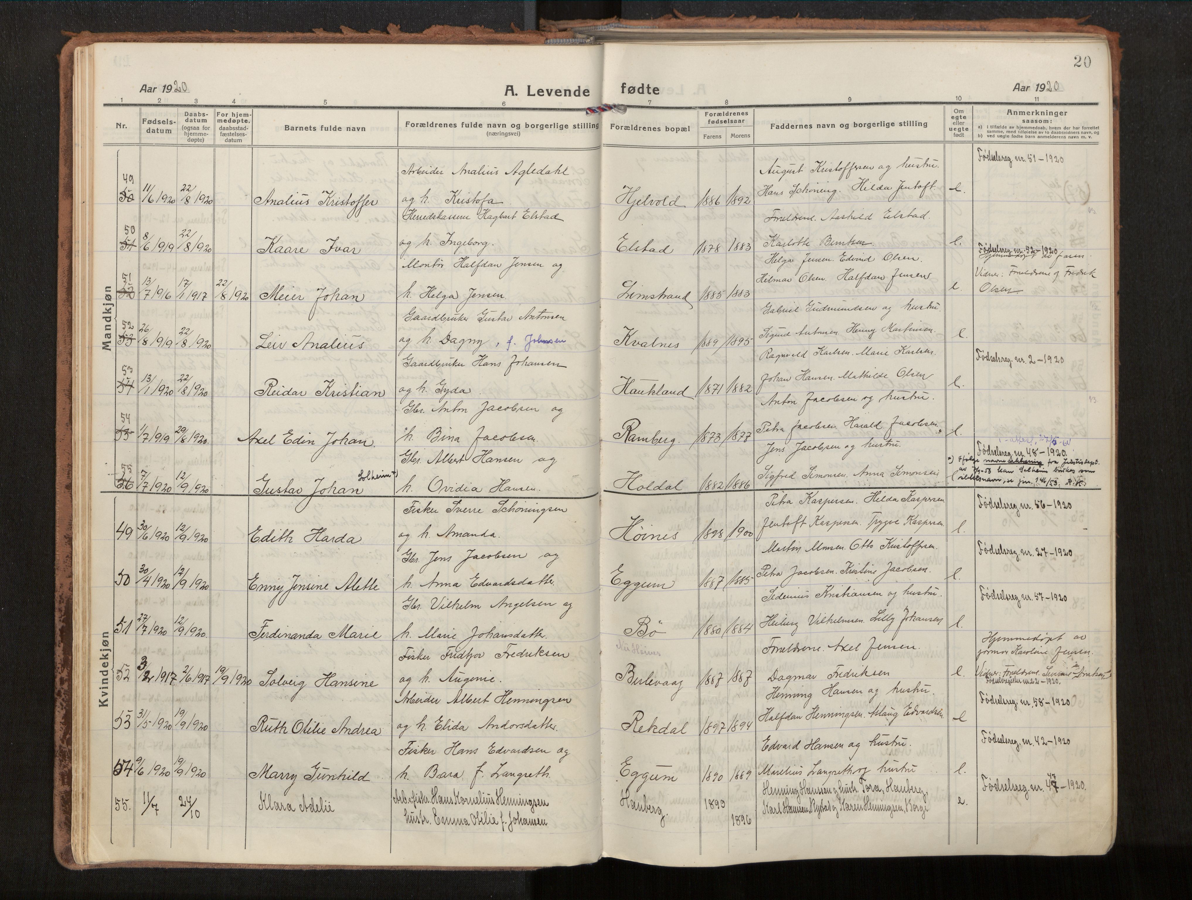 Ministerialprotokoller, klokkerbøker og fødselsregistre - Nordland, AV/SAT-A-1459/880/L1136: Parish register (official) no. 880A10, 1919-1927, p. 20