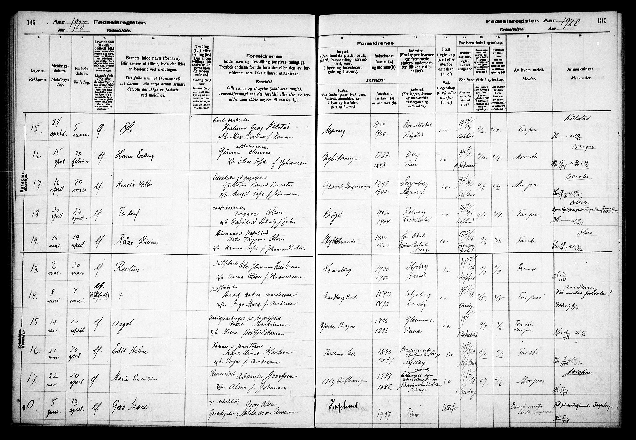 Skjeberg prestekontor Kirkebøker, SAO/A-10923/J/Jd/L0001: Birth register no. IV 1, 1916-1935, p. 135