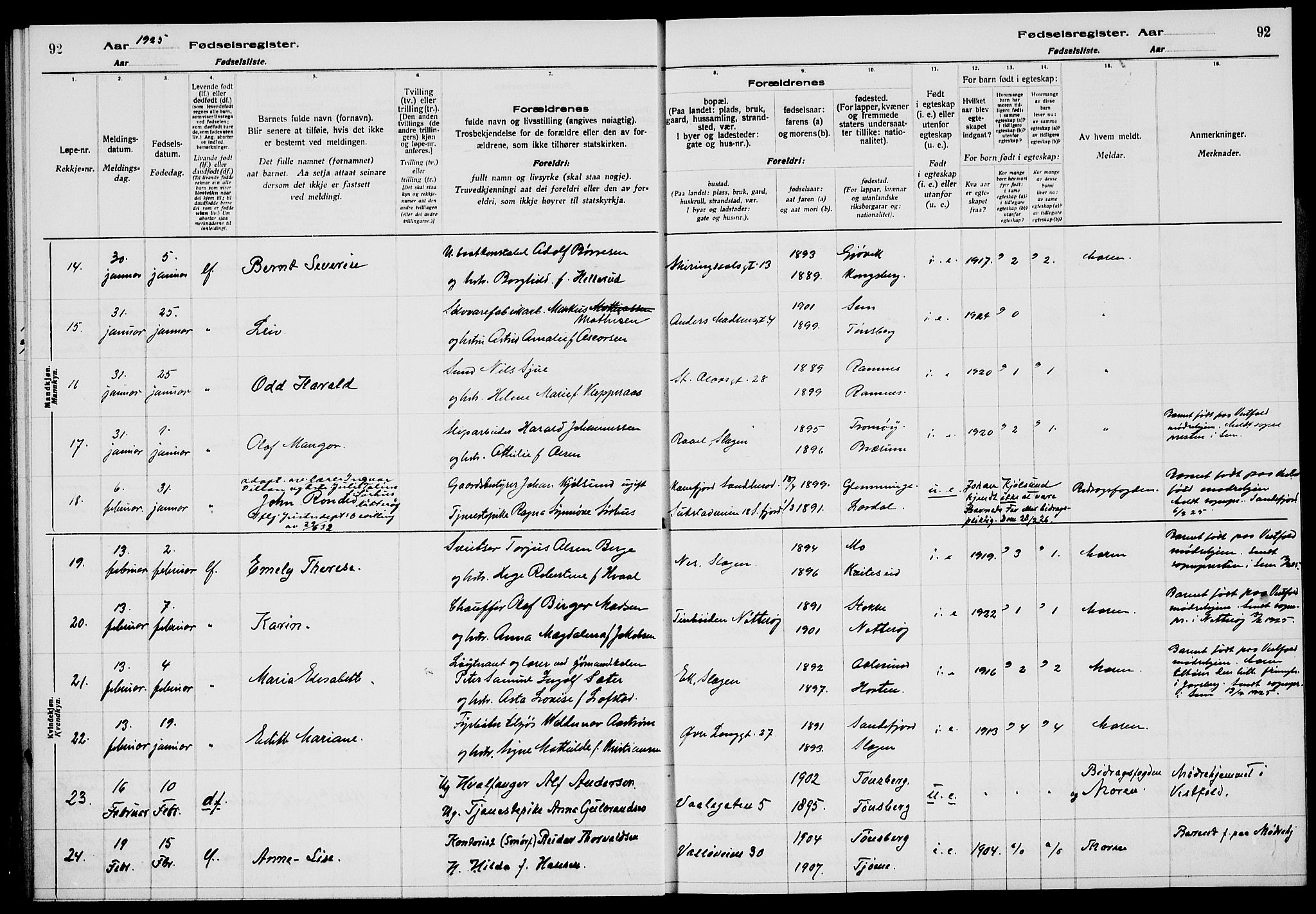 Tønsberg kirkebøker, AV/SAKO-A-330/J/Ja/L0002: Birth register no. 2, 1922-1928, p. 92