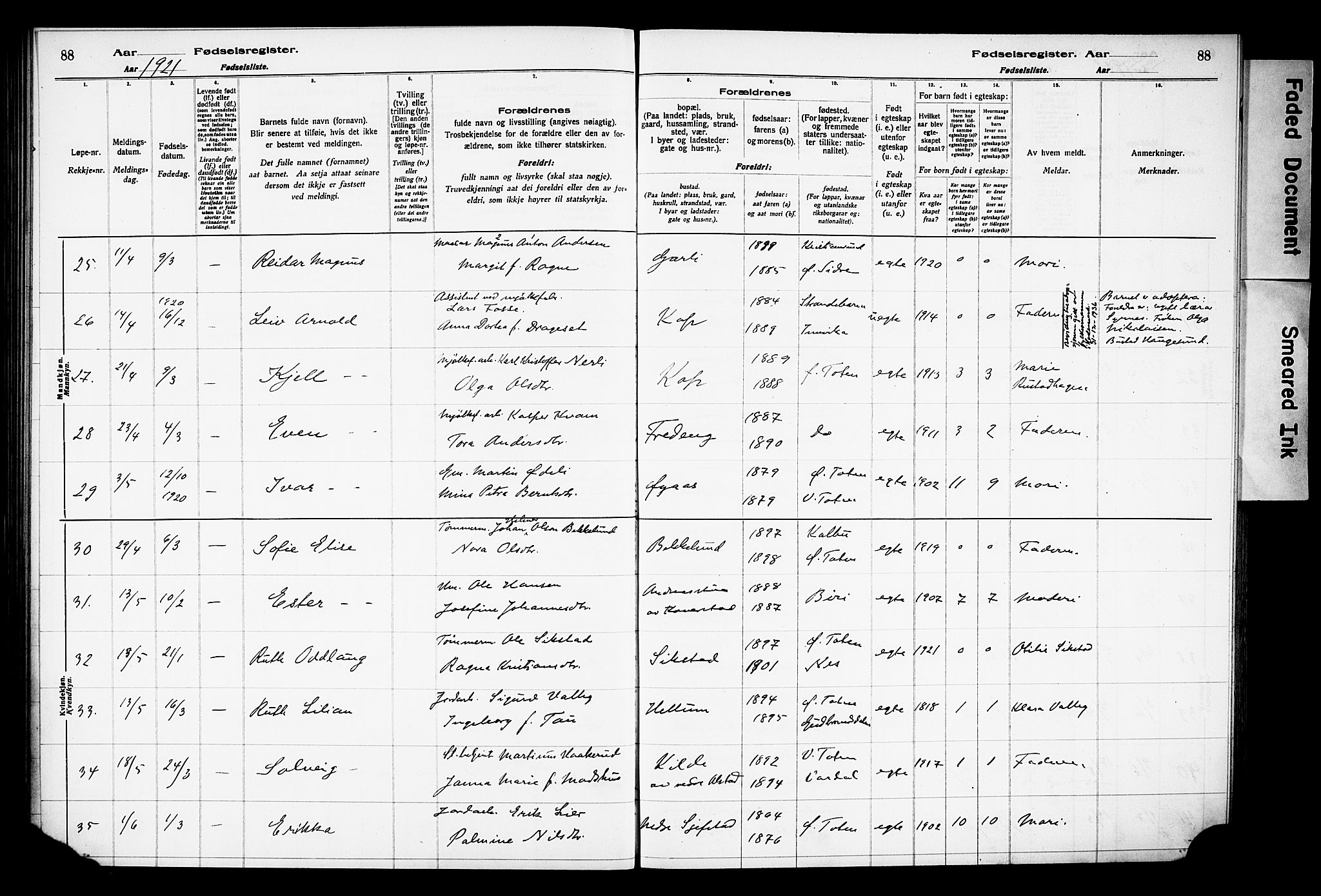 Østre Toten prestekontor, AV/SAH-PREST-104/I/Id/L0001/0001: Birth register no. 1.1, 1916-1928, p. 88