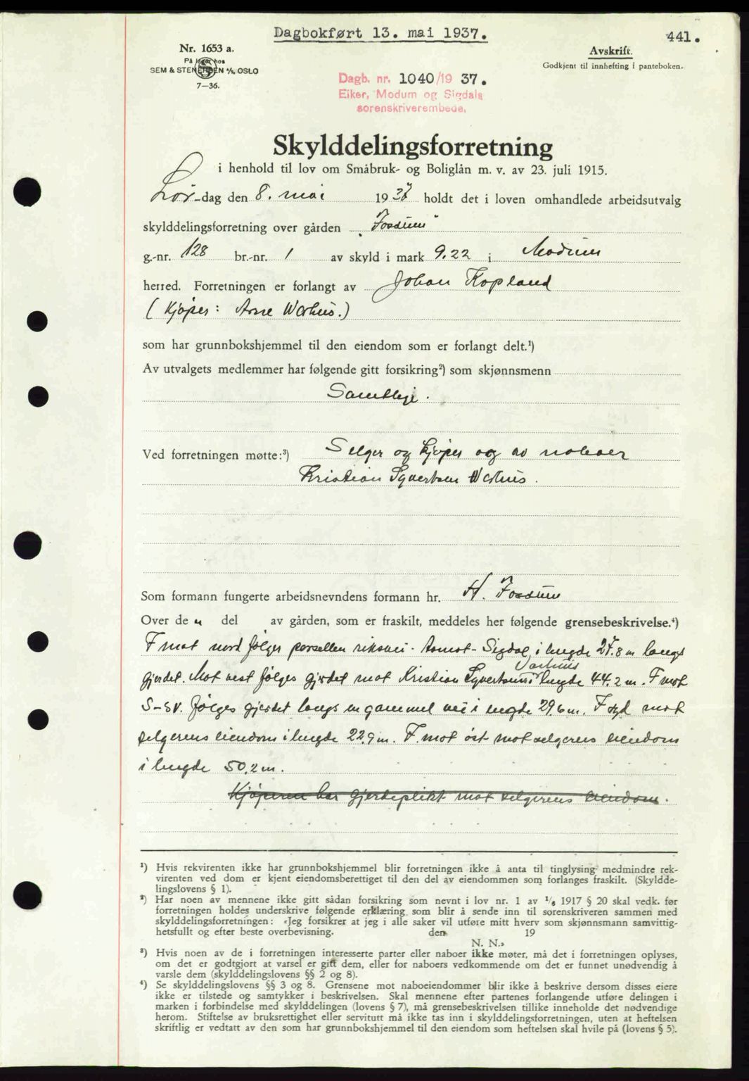 Eiker, Modum og Sigdal sorenskriveri, SAKO/A-123/G/Ga/Gab/L0035: Mortgage book no. A5, 1937-1937, Diary no: : 1040/1937