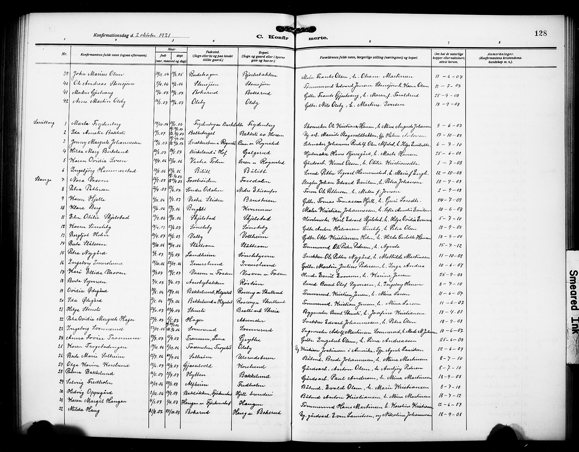 Østre Toten prestekontor, AV/SAH-PREST-104/H/Ha/Hab/L0008: Parish register (copy) no. 8, 1913-1929, p. 128