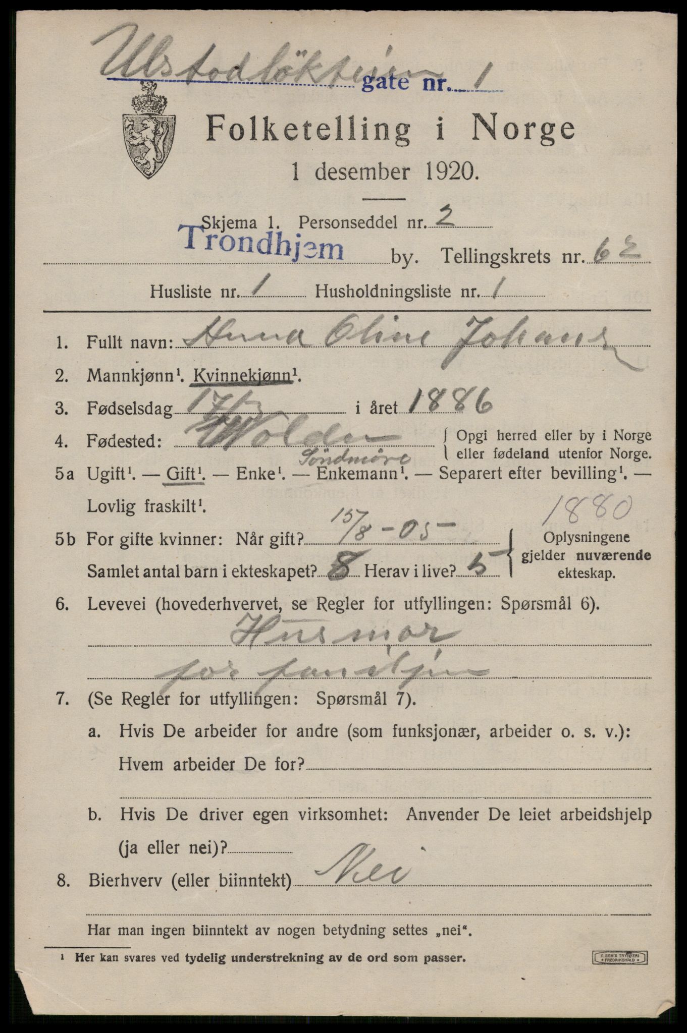 SAT, 1920 census for Trondheim, 1920, p. 123732