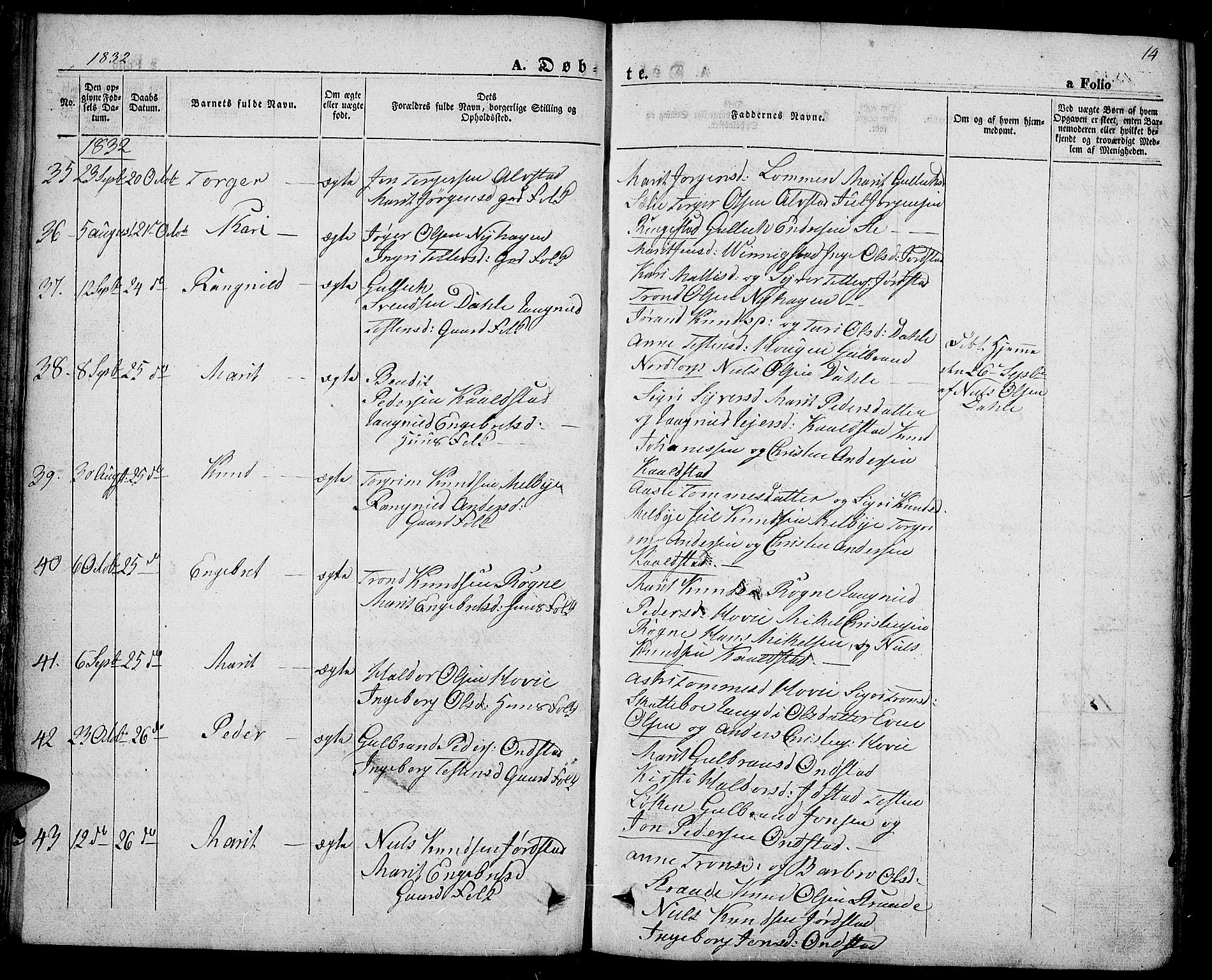 Slidre prestekontor, SAH/PREST-134/H/Ha/Haa/L0004: Parish register (official) no. 4, 1831-1848, p. 14