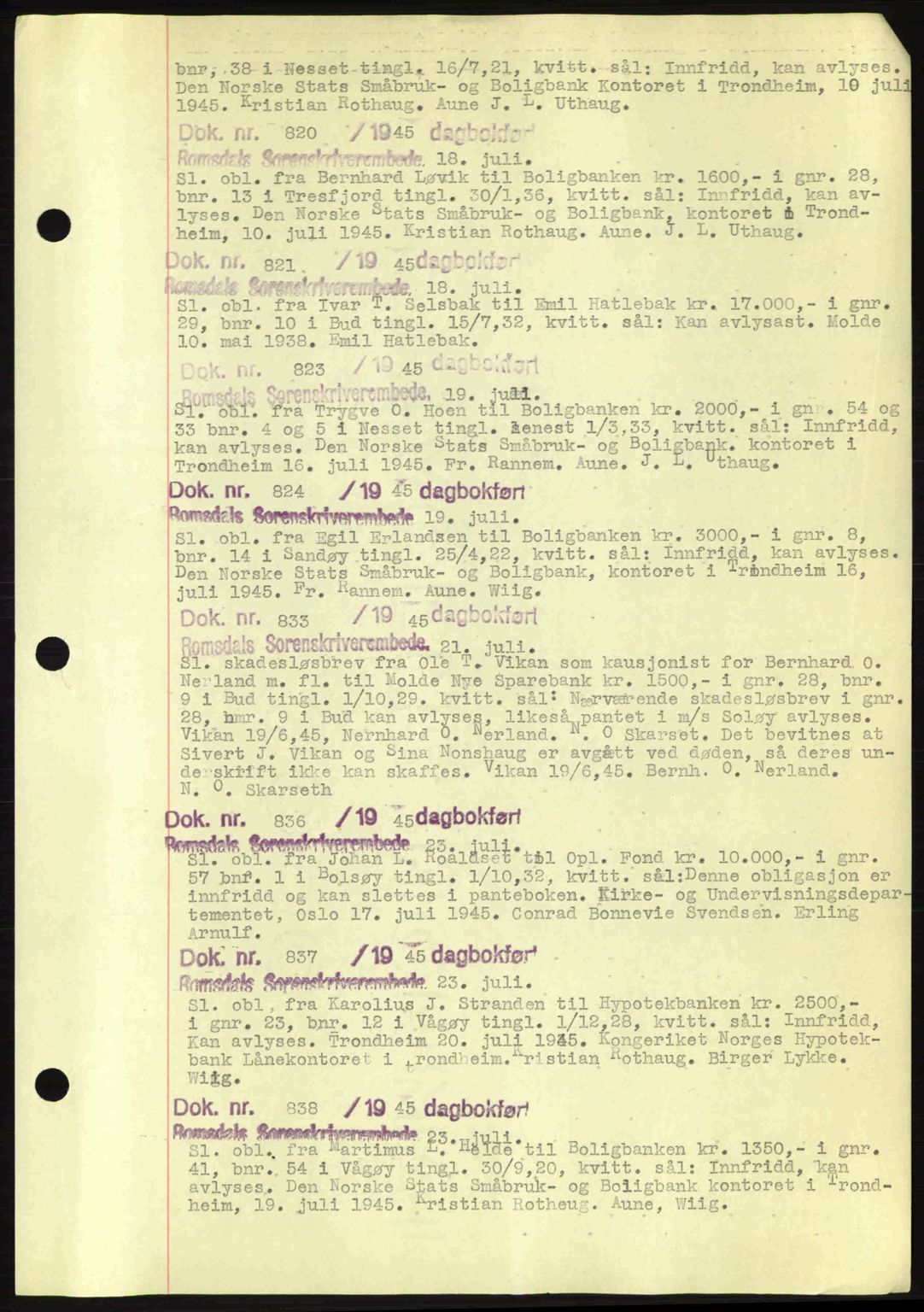 Romsdal sorenskriveri, AV/SAT-A-4149/1/2/2C: Mortgage book no. C1a, 1936-1945, Diary no: : 820/1945