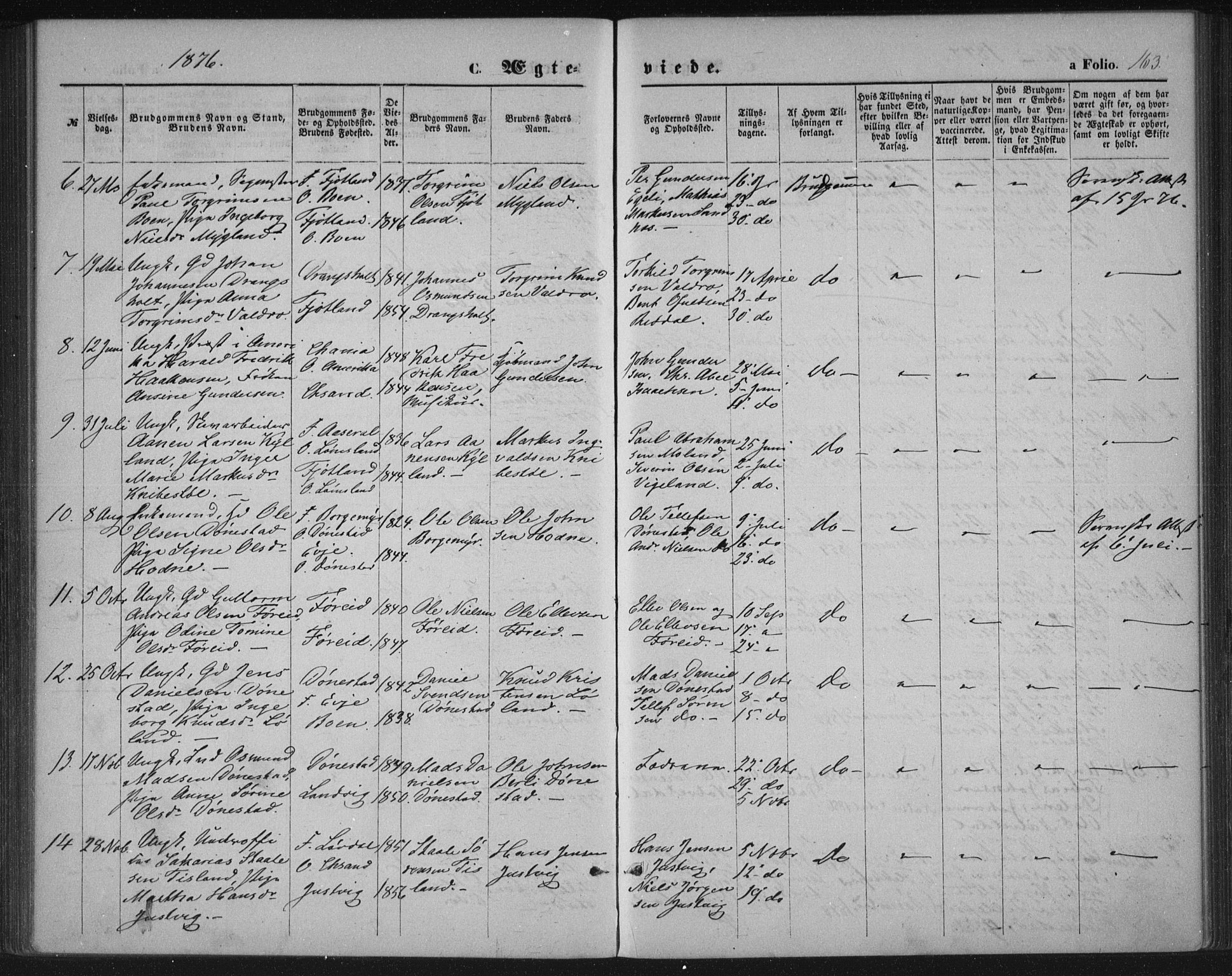 Tveit sokneprestkontor, AV/SAK-1111-0043/F/Fa/L0006: Parish register (official) no. A 6, 1872-1886, p. 163