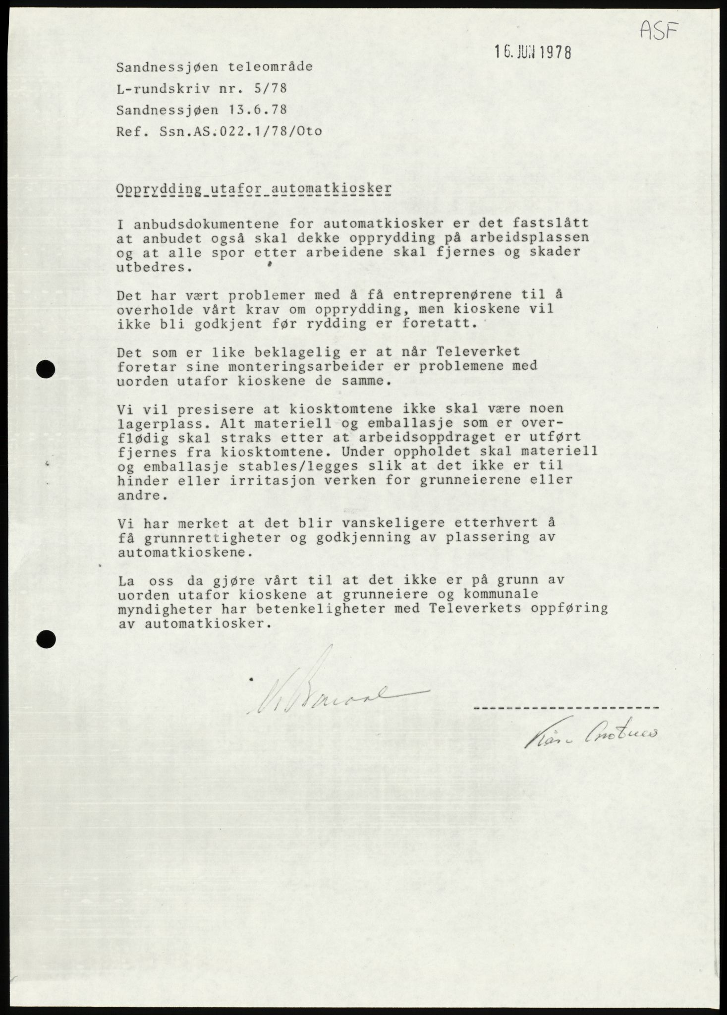 Televerket, Sandnessjøen teleområde, AV/SAT-A-5303/F/L0056: Lokale rundskriv (L-rundskriv), 1977-1995, p. 11