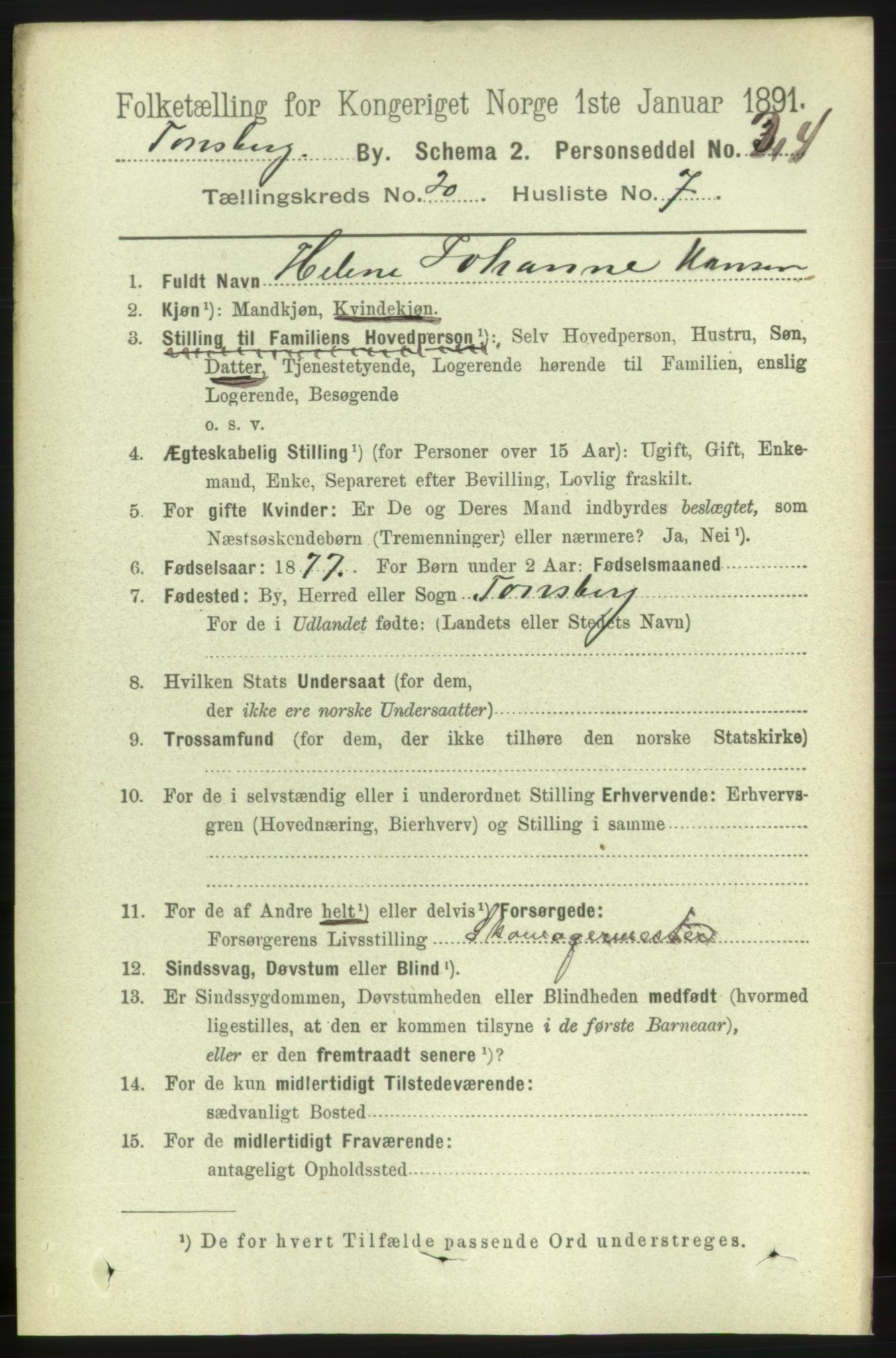 RA, 1891 census for 0705 Tønsberg, 1891, p. 5498