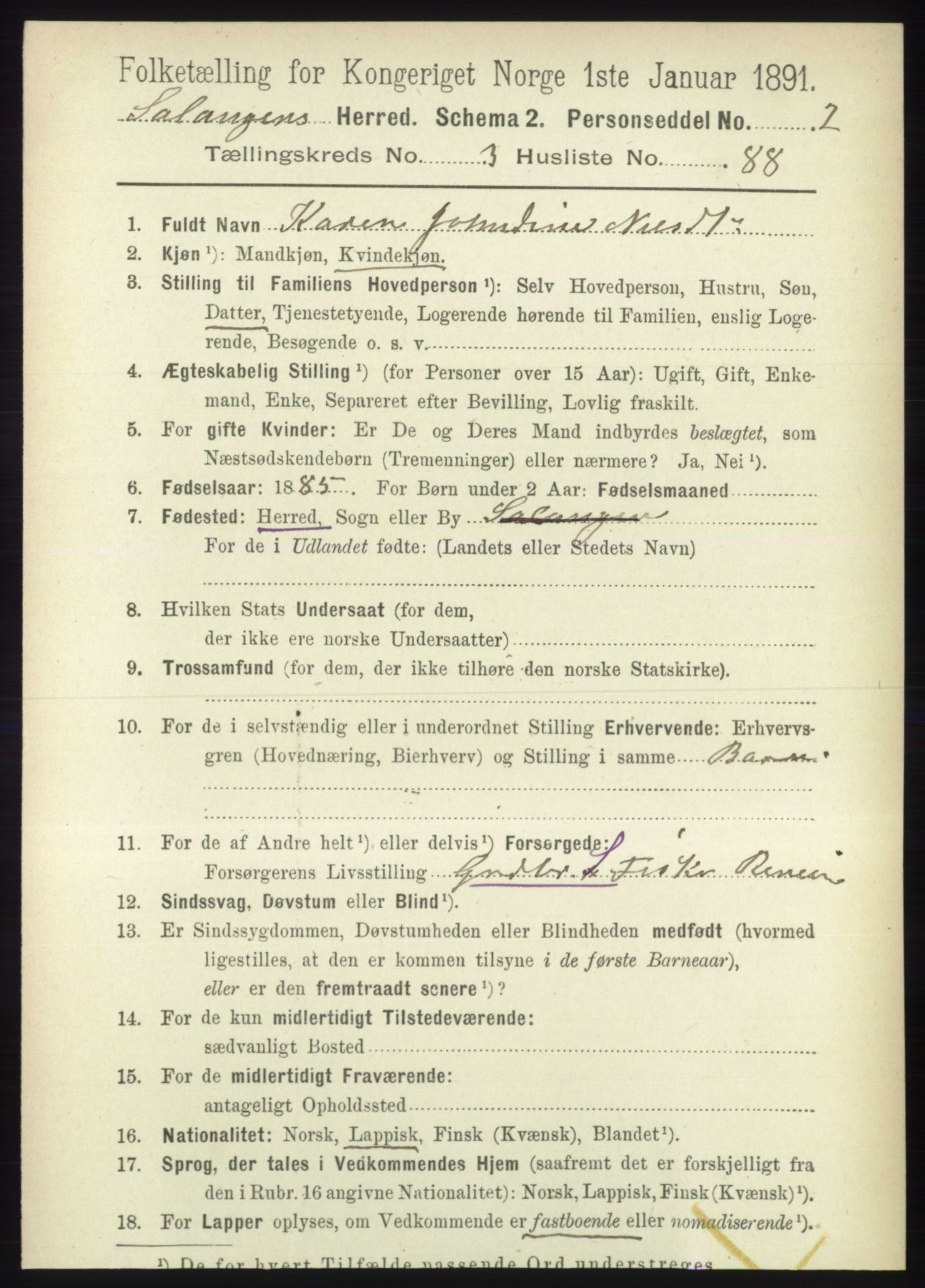 RA, 1891 census for 1921 Salangen, 1891, p. 1729