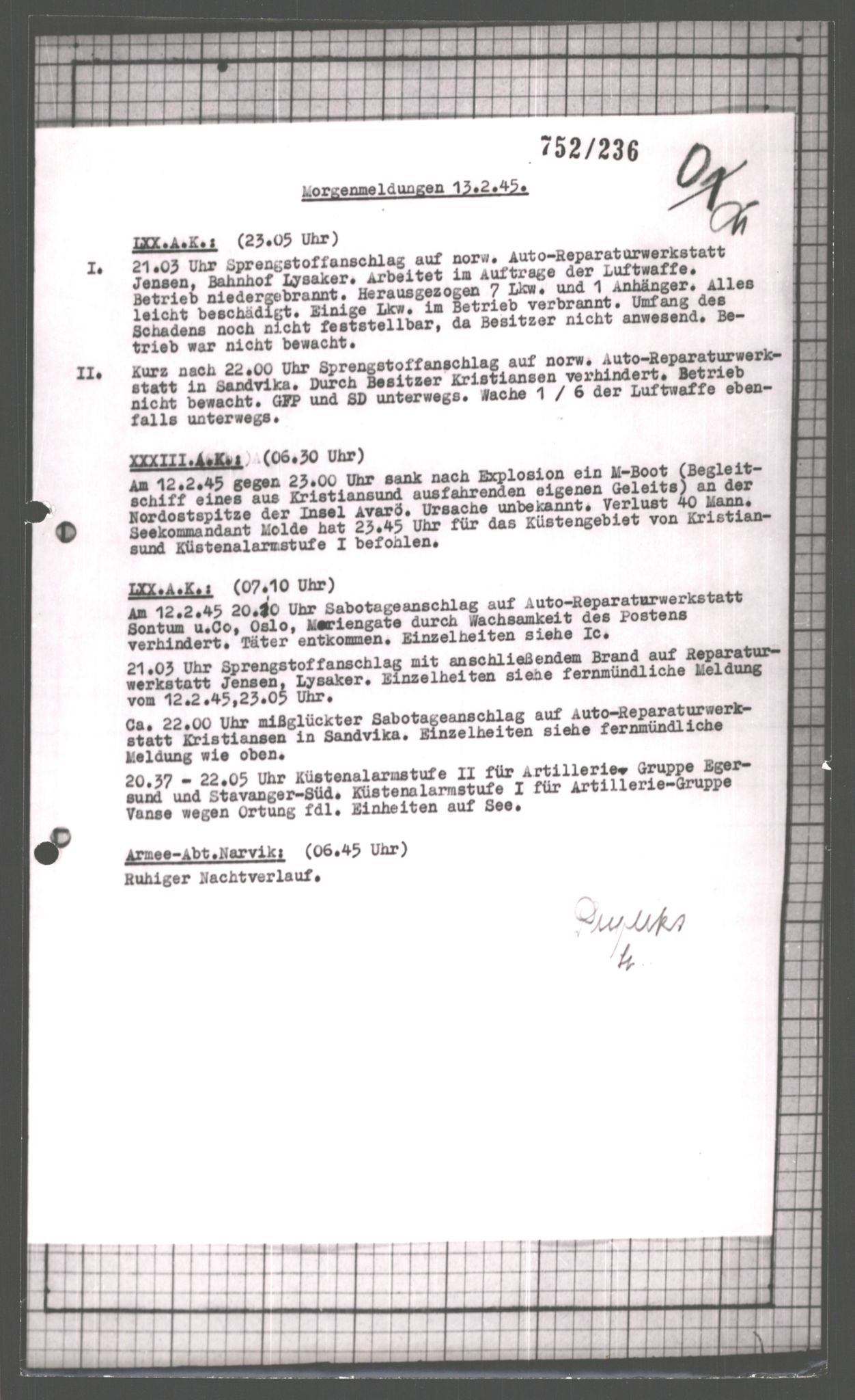 Forsvarets Overkommando. 2 kontor. Arkiv 11.4. Spredte tyske arkivsaker, AV/RA-RAFA-7031/D/Dar/Dara/L0003: Krigsdagbøker for 20. Gebirgs-Armee-Oberkommando (AOK 20), 1945, p. 36