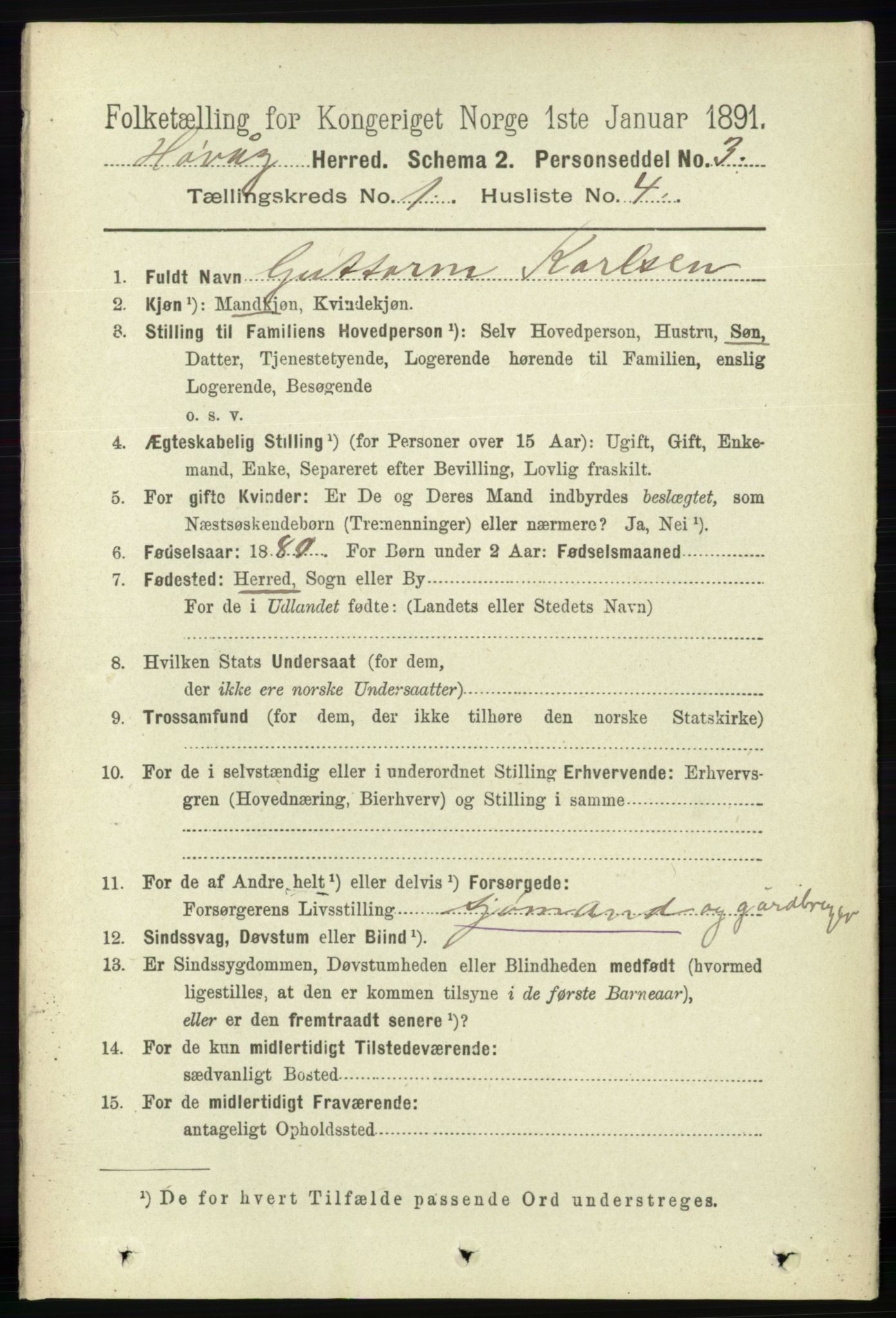 RA, 1891 census for 0927 Høvåg, 1891, p. 108