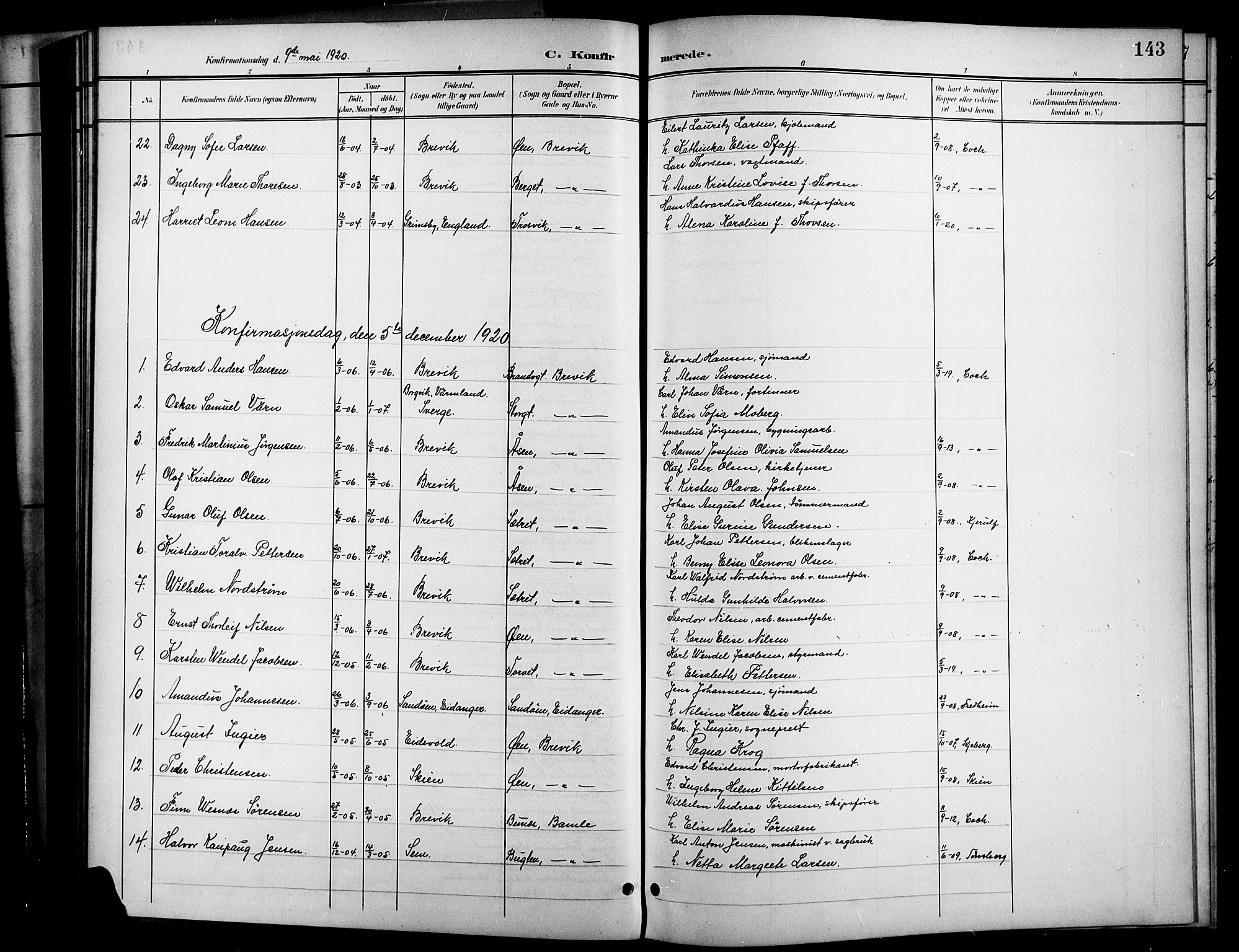 Brevik kirkebøker, SAKO/A-255/G/Ga/L0005: Parish register (copy) no. 5, 1901-1924, p. 143