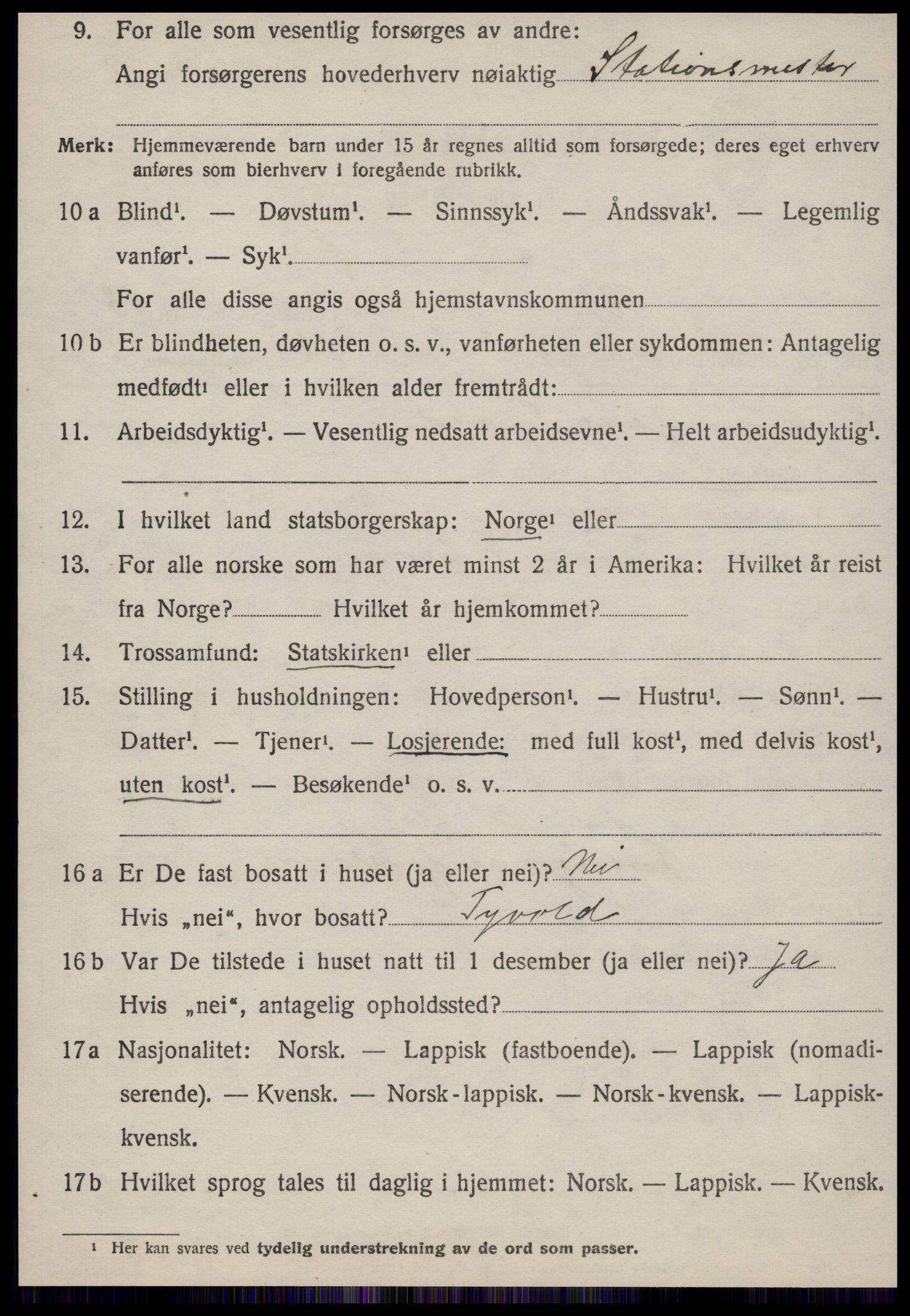 SAT, 1920 census for Røros, 1920, p. 3909