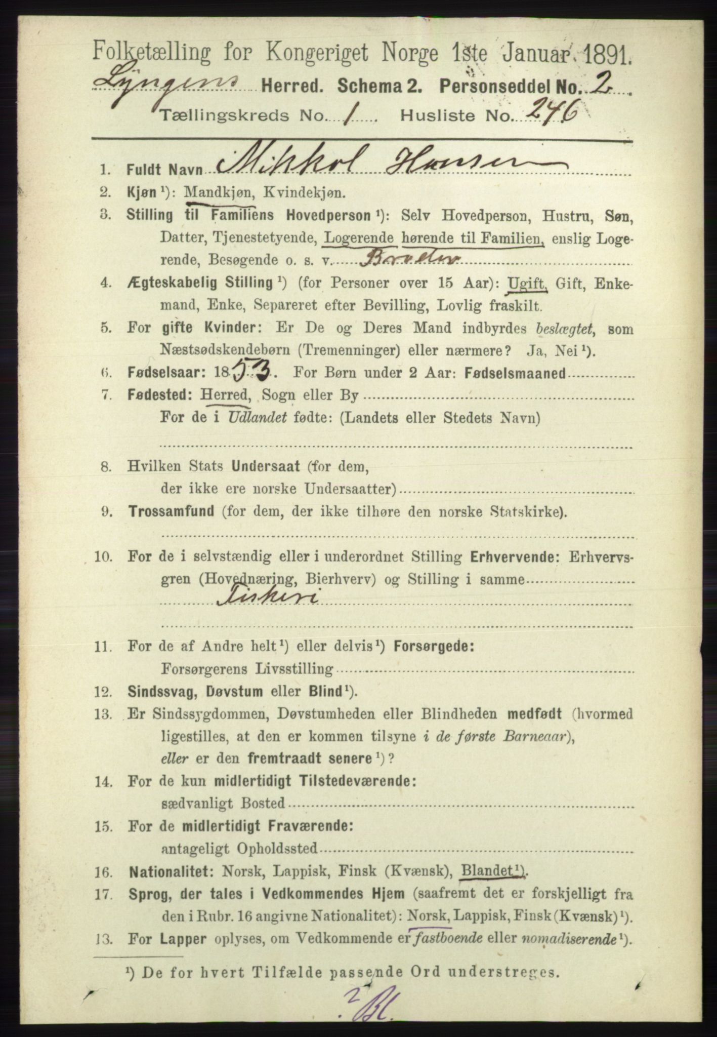 RA, 1891 census for 1938 Lyngen, 1891, p. 1911