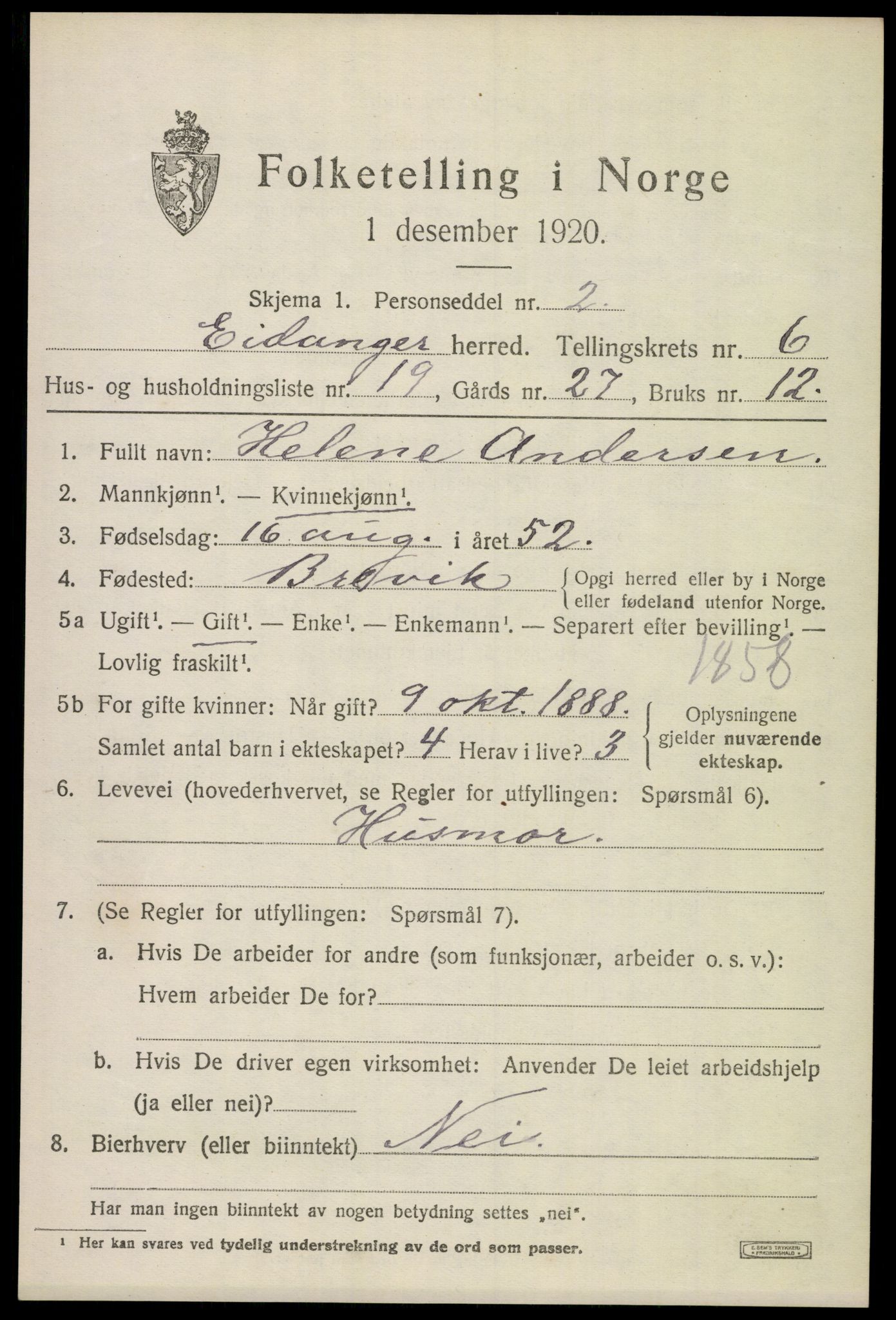 SAKO, 1920 census for Eidanger, 1920, p. 5260