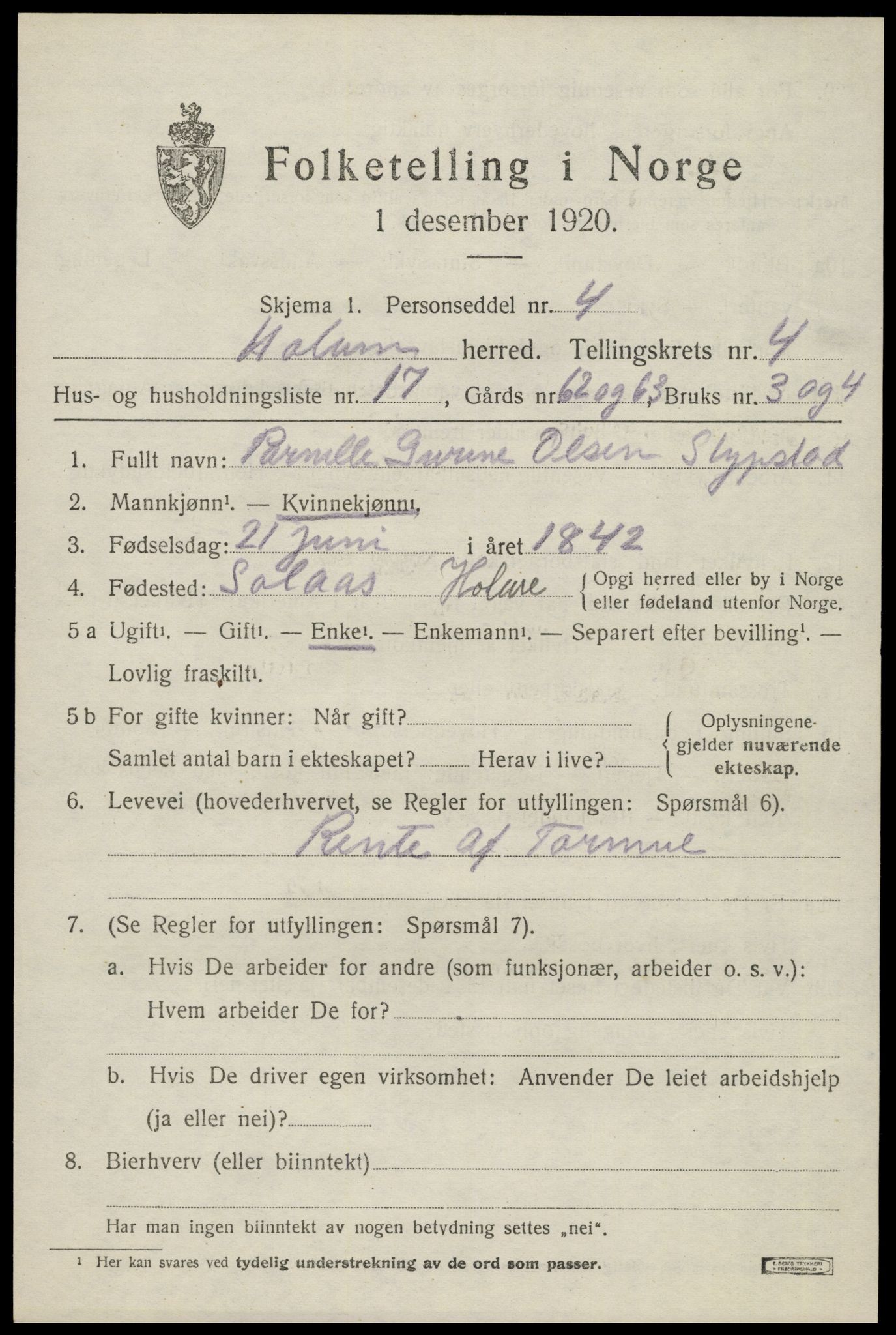 SAK, 1920 census for Holum, 1920, p. 2105
