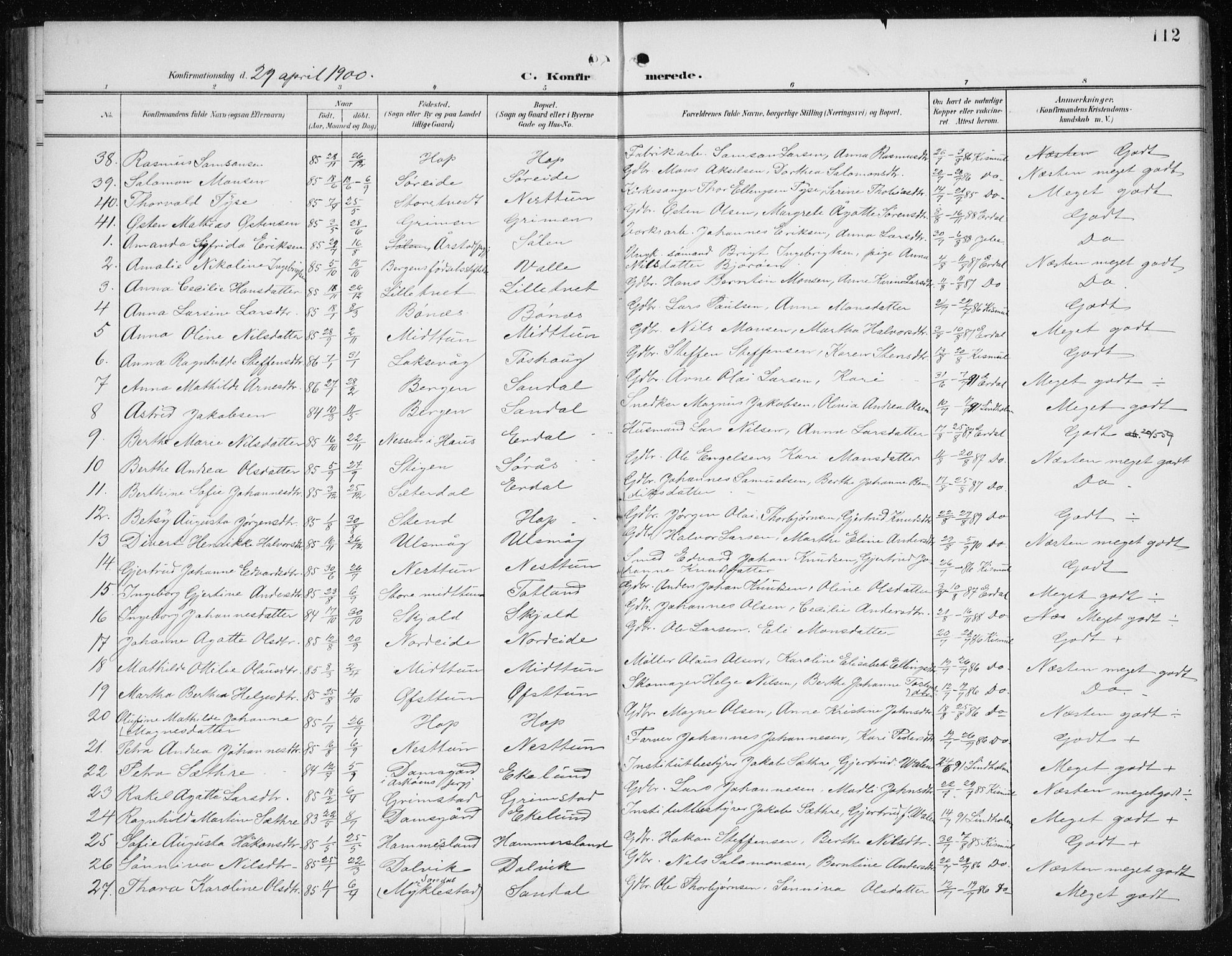 Fana Sokneprestembete, SAB/A-75101/H/Haa/Haai/L0003: Parish register (official) no. I 3, 1900-1912, p. 112