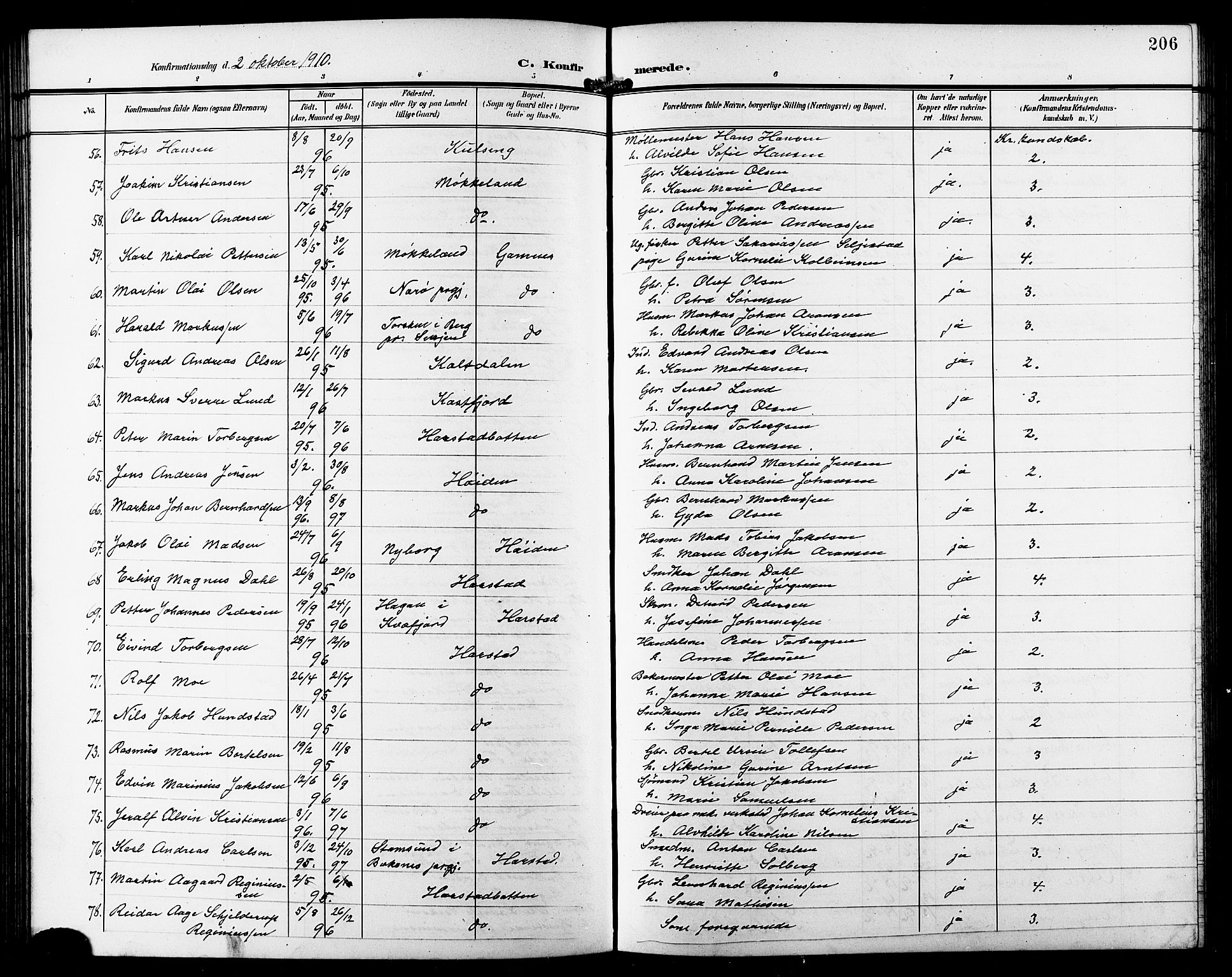 Trondenes sokneprestkontor, AV/SATØ-S-1319/H/Hb/L0012klokker: Parish register (copy) no. 12, 1907-1916, p. 206