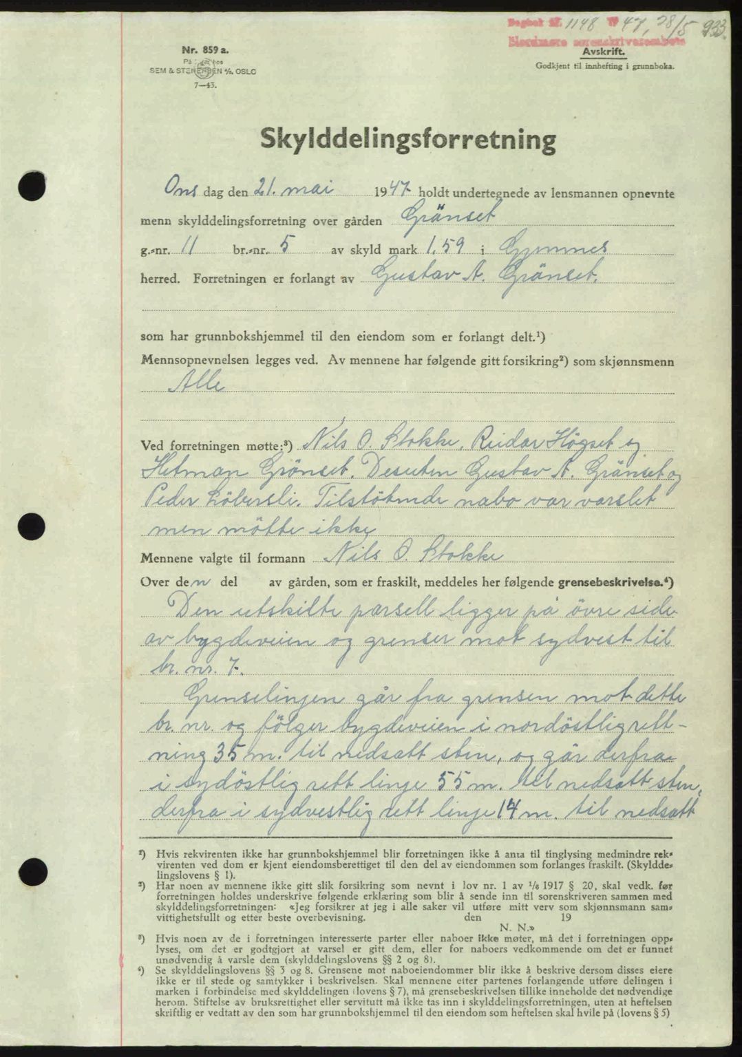 Nordmøre sorenskriveri, AV/SAT-A-4132/1/2/2Ca: Mortgage book no. A104, 1947-1947, Diary no: : 1148/1947