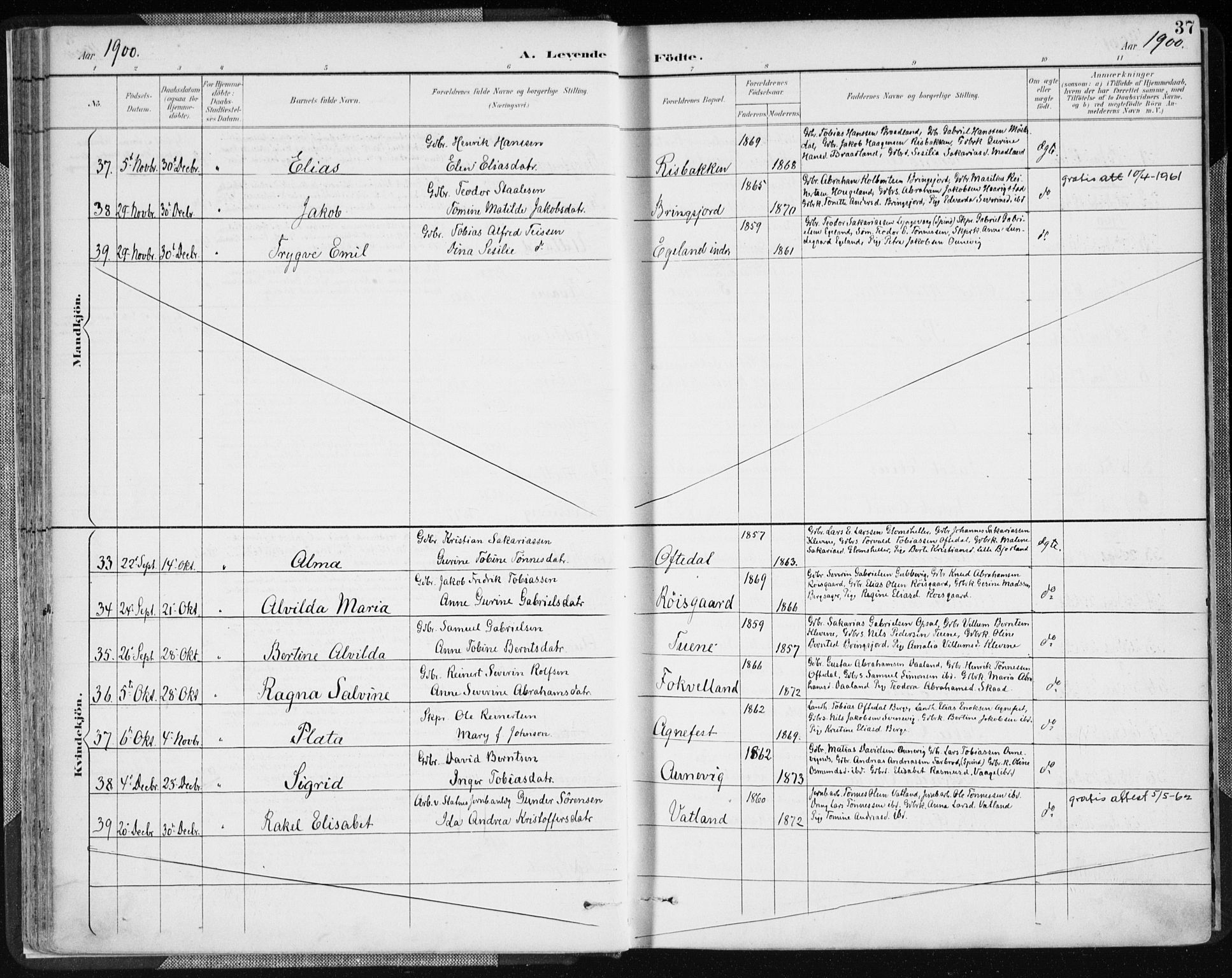 Lyngdal sokneprestkontor, AV/SAK-1111-0029/F/Fa/Fac/L0012: Parish register (official) no. A 12, 1894-1918, p. 37