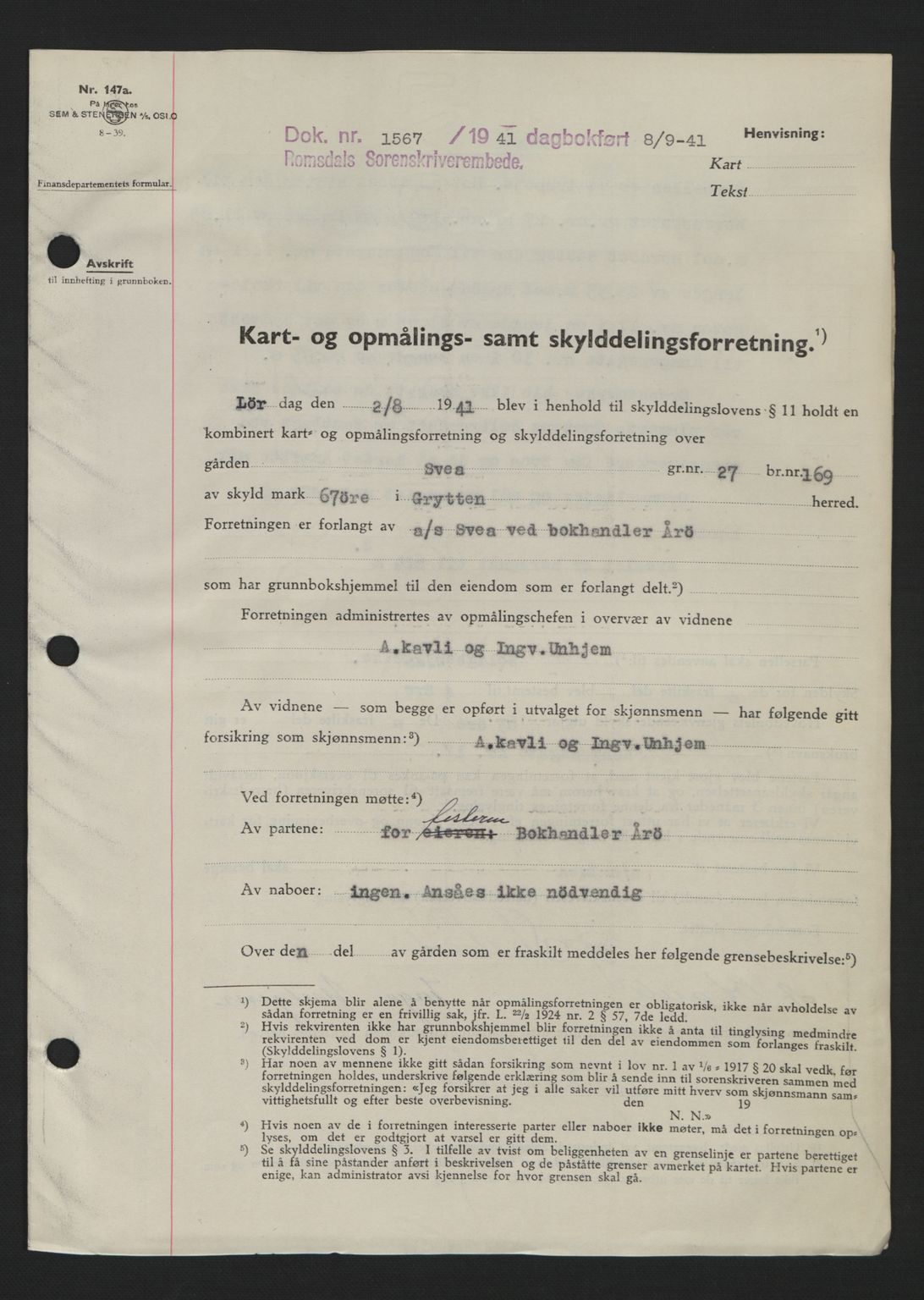 Romsdal sorenskriveri, AV/SAT-A-4149/1/2/2C: Mortgage book no. A10, 1941-1941, Diary no: : 1567/1941