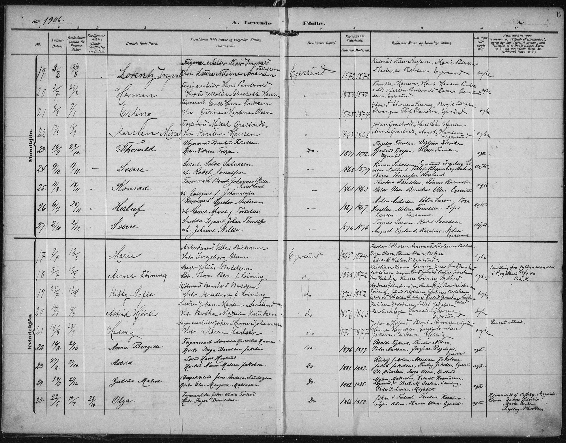 Eigersund sokneprestkontor, AV/SAST-A-101807/001/30/30BA/L0022: Parish register (official) no. A 21, 1905-1928, p. 6