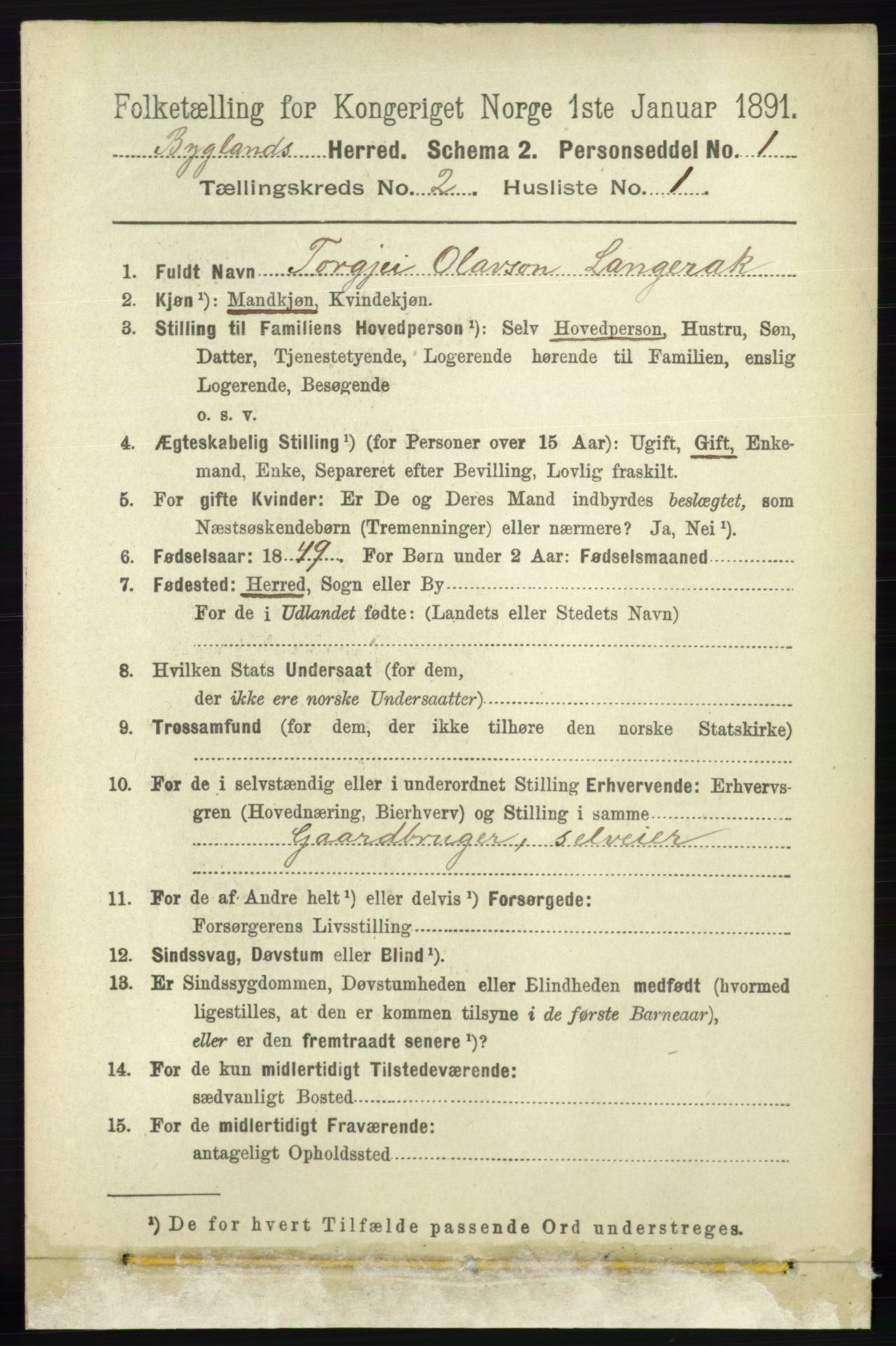 RA, 1891 census for 0938 Bygland, 1891, p. 255