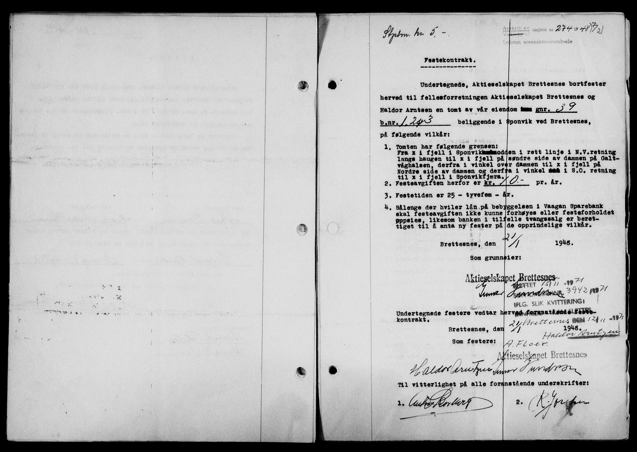 Lofoten sorenskriveri, SAT/A-0017/1/2/2C/L0017a: Mortgage book no. 17a, 1947-1948, Diary no: : 274/1948