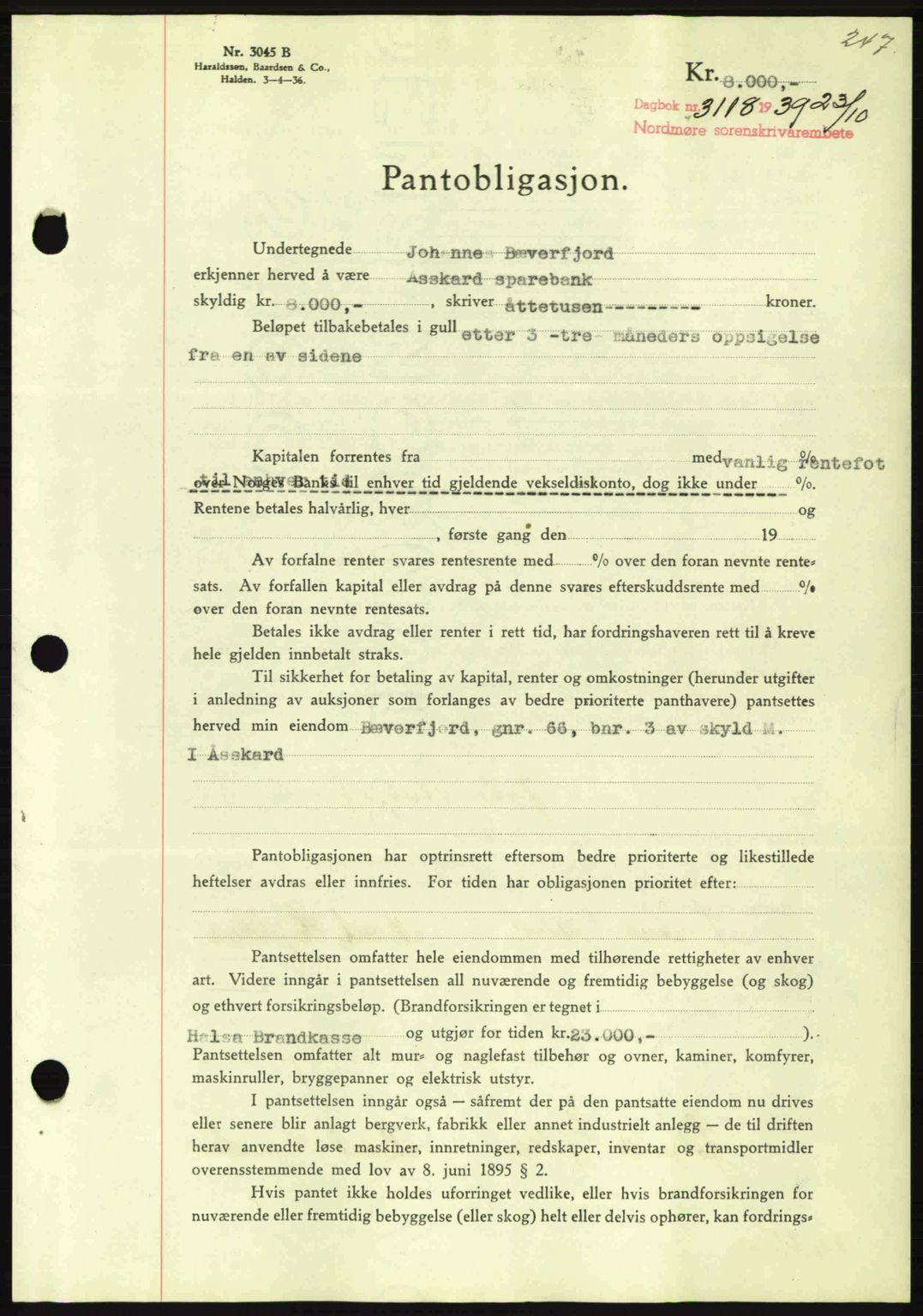 Nordmøre sorenskriveri, AV/SAT-A-4132/1/2/2Ca: Mortgage book no. B86, 1939-1940, Diary no: : 3118/1939