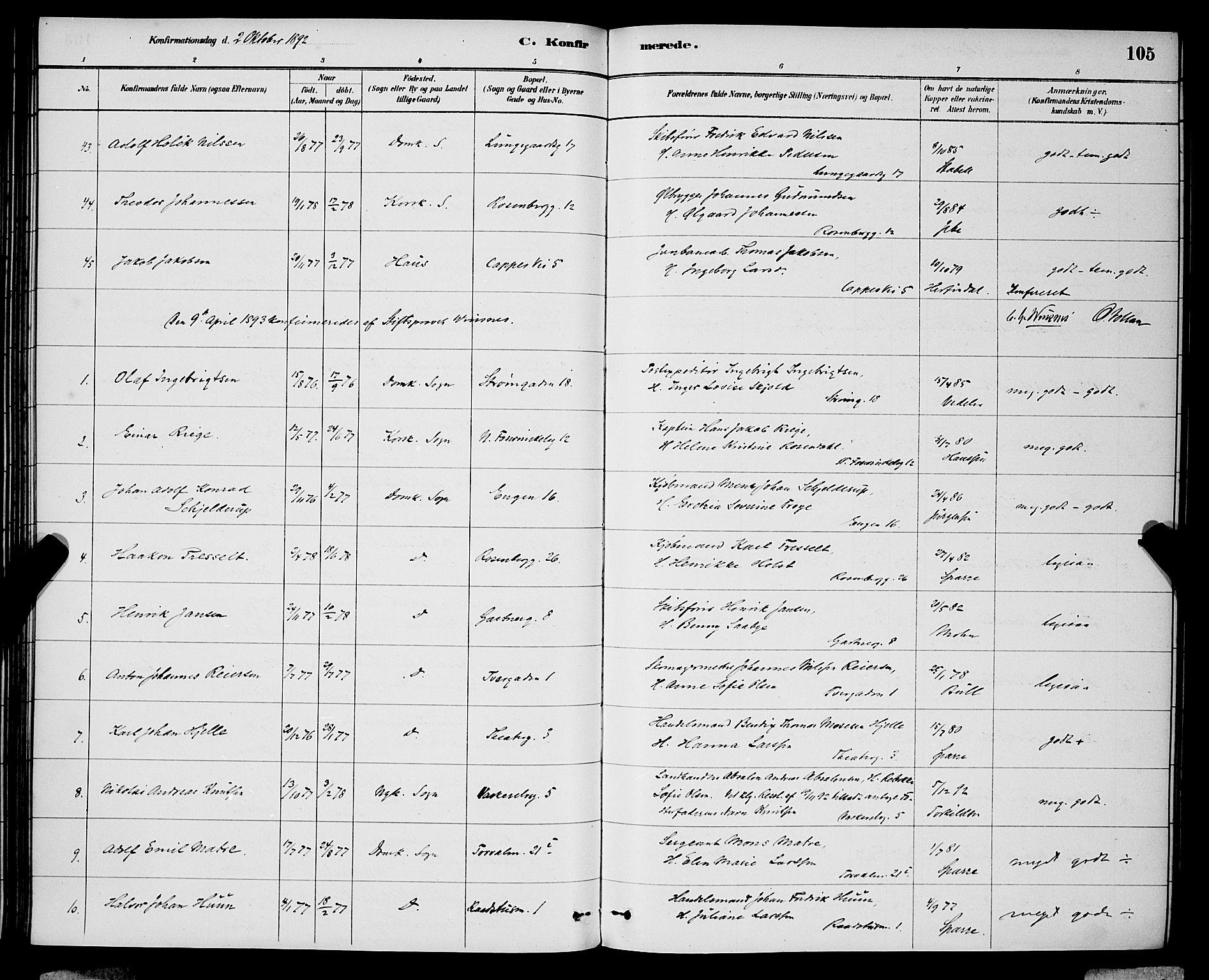 Domkirken sokneprestembete, SAB/A-74801/H/Hab/L0024: Parish register (copy) no. C 4, 1880-1899, p. 105