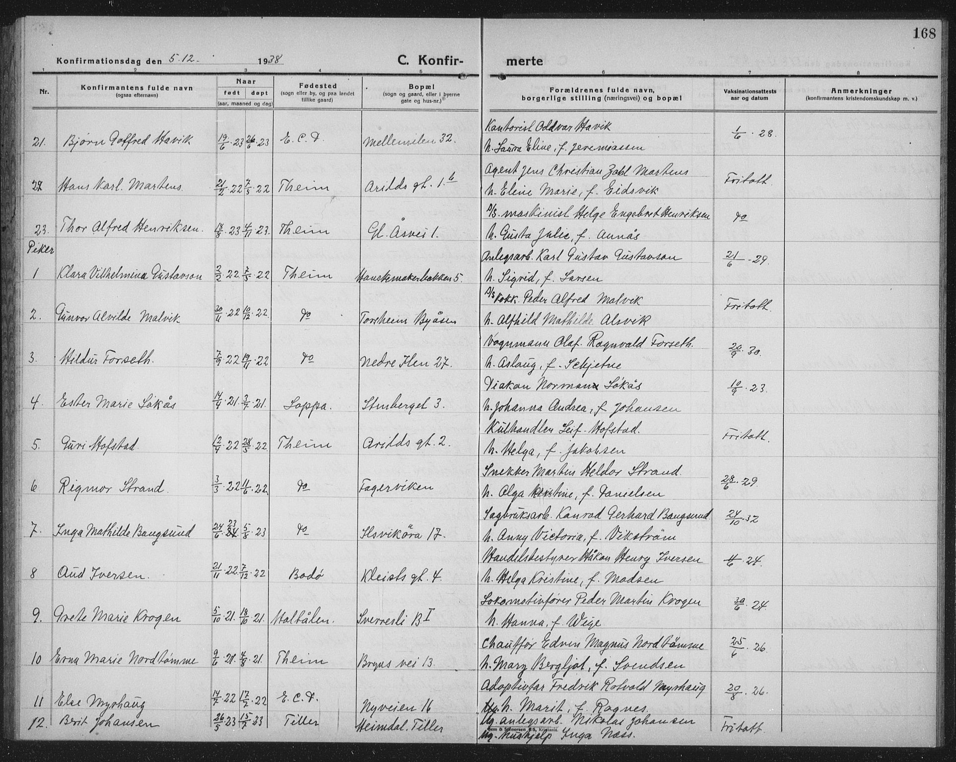 Ministerialprotokoller, klokkerbøker og fødselsregistre - Sør-Trøndelag, SAT/A-1456/603/L0175: Parish register (copy) no. 603C03, 1923-1941, p. 168