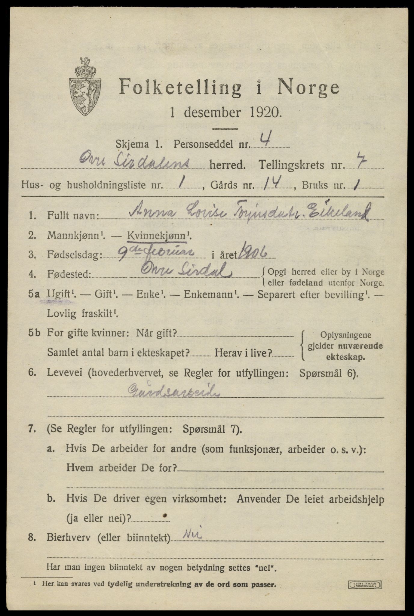 SAK, 1920 census for Øvre Sirdal, 1920, p. 1185