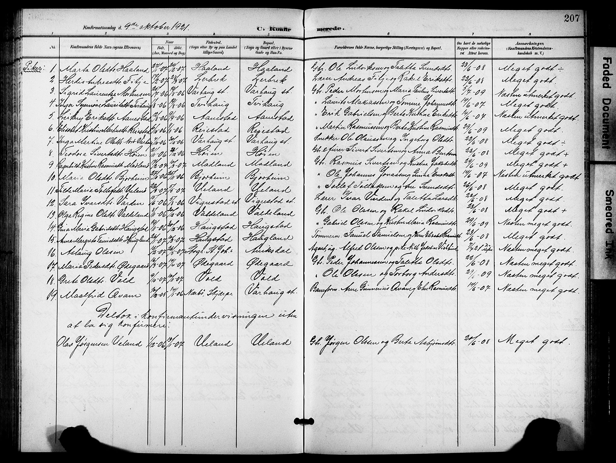 Hå sokneprestkontor, SAST/A-101801/001/30BB/L0006: Parish register (copy) no. B 6, 1900-1924, p. 207