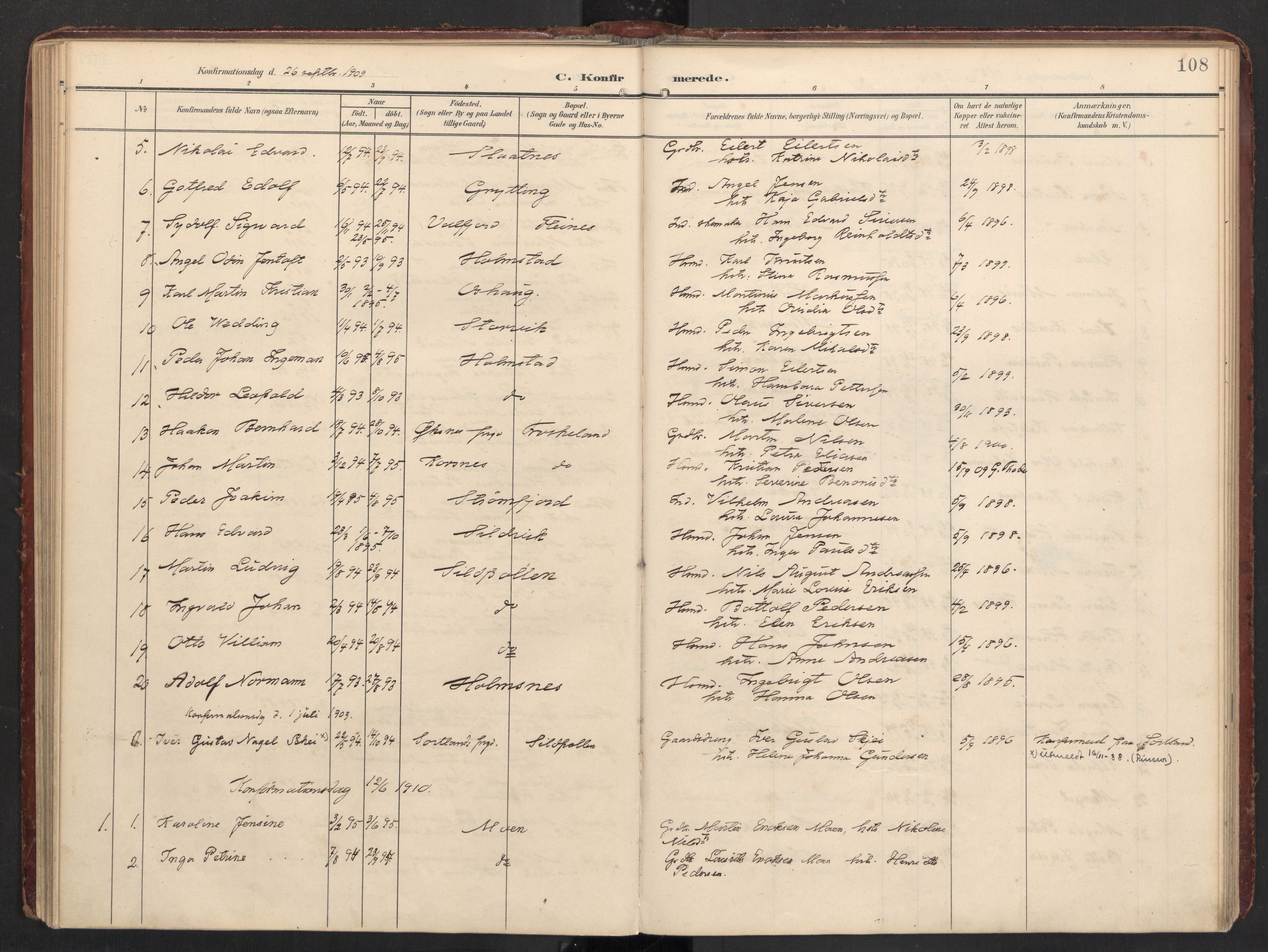 Ministerialprotokoller, klokkerbøker og fødselsregistre - Nordland, SAT/A-1459/890/L1287: Parish register (official) no. 890A02, 1903-1915, p. 108