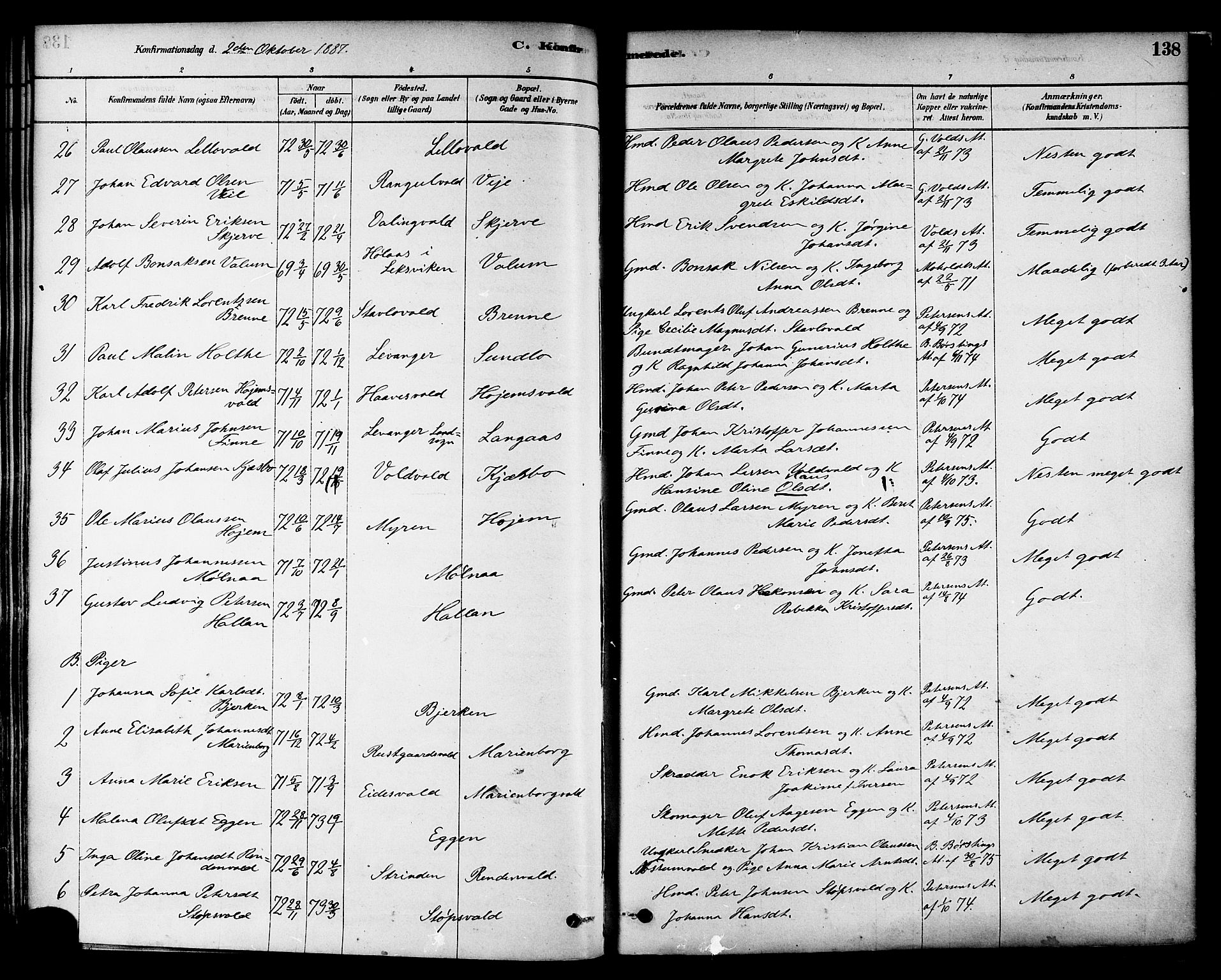 Ministerialprotokoller, klokkerbøker og fødselsregistre - Nord-Trøndelag, AV/SAT-A-1458/717/L0159: Parish register (official) no. 717A09, 1878-1898, p. 138