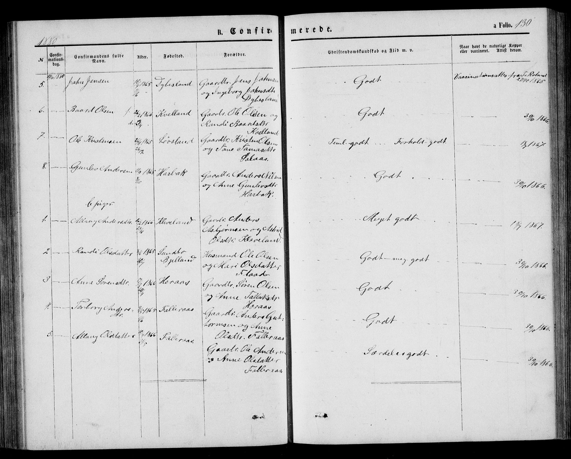 Bjelland sokneprestkontor, AV/SAK-1111-0005/F/Fb/Fbb/L0004: Parish register (copy) no. B 4, 1867-1887, p. 130