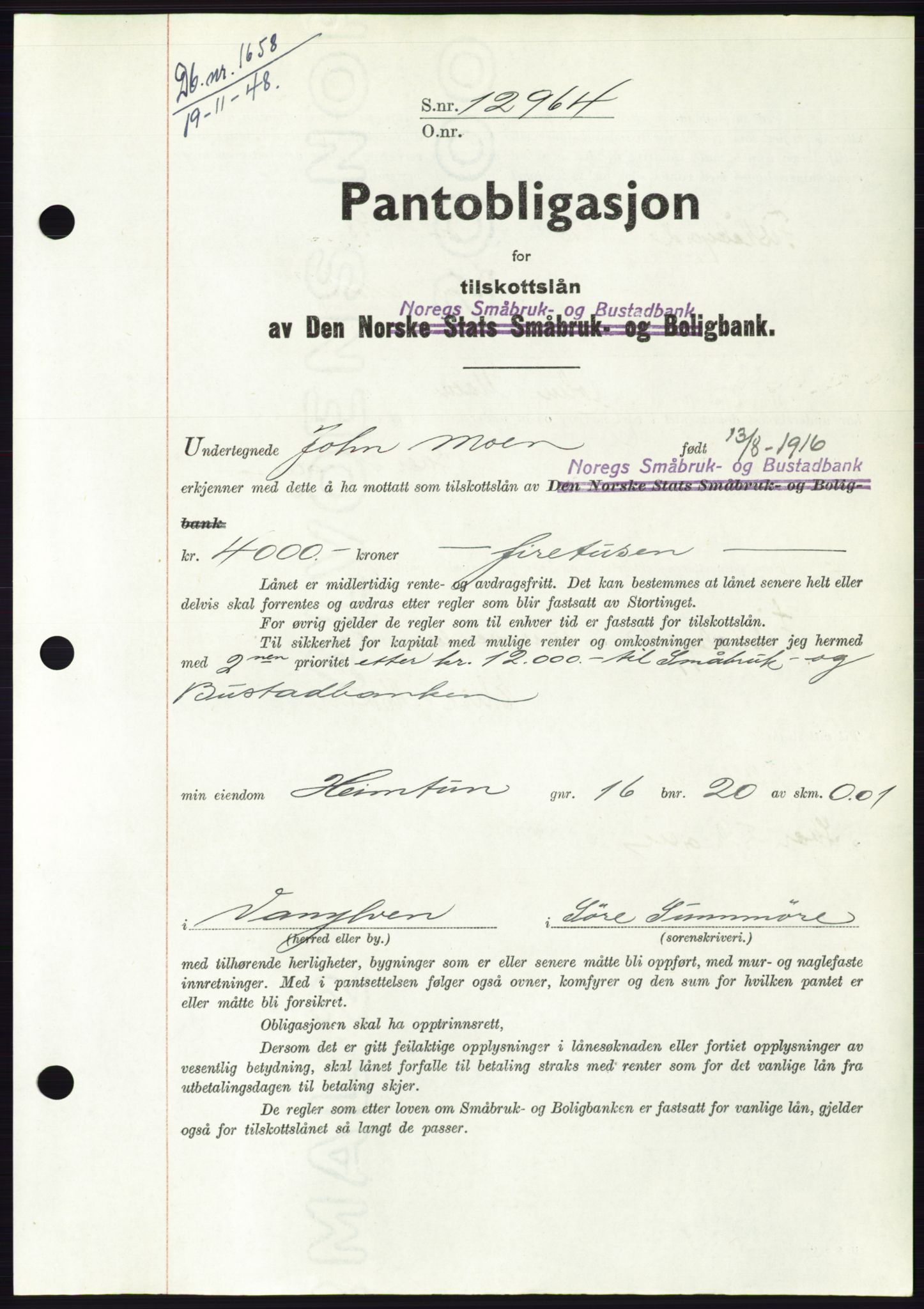 Søre Sunnmøre sorenskriveri, AV/SAT-A-4122/1/2/2C/L0116: Mortgage book no. 4B, 1948-1949, Diary no: : 1658/1948