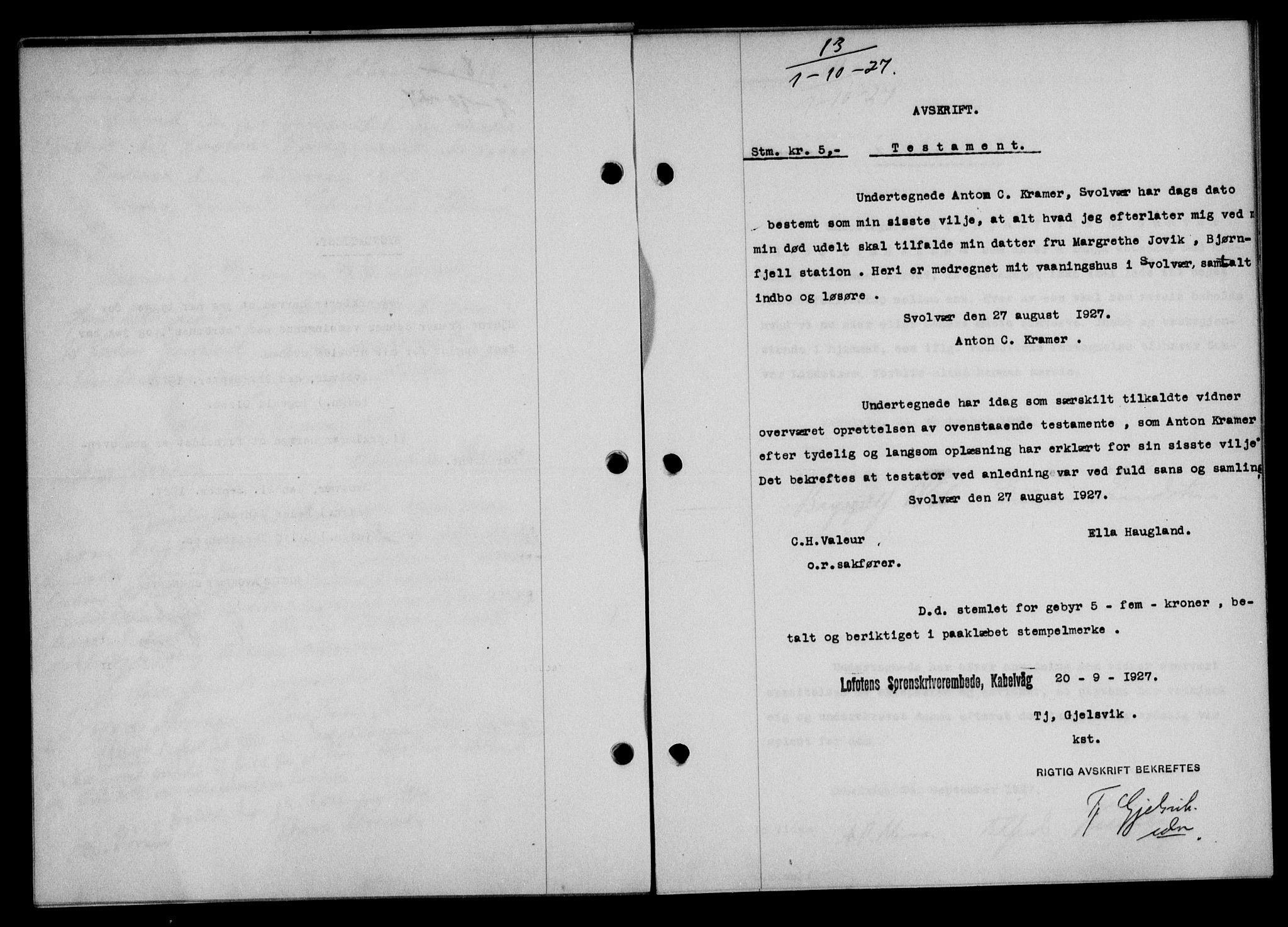Lofoten sorenskriveri, SAT/A-0017/1/2/2C/L0016b: Mortgage book no. 16b, 1927-1927, Deed date: 01.10.1927