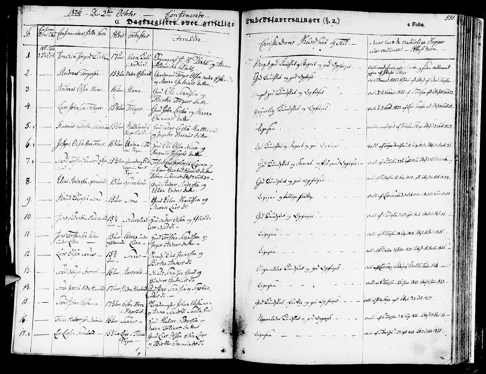 Høyland sokneprestkontor, SAST/A-101799/001/30BA/L0007: Parish register (official) no. A 7 /1, 1825-1841, p. 551
