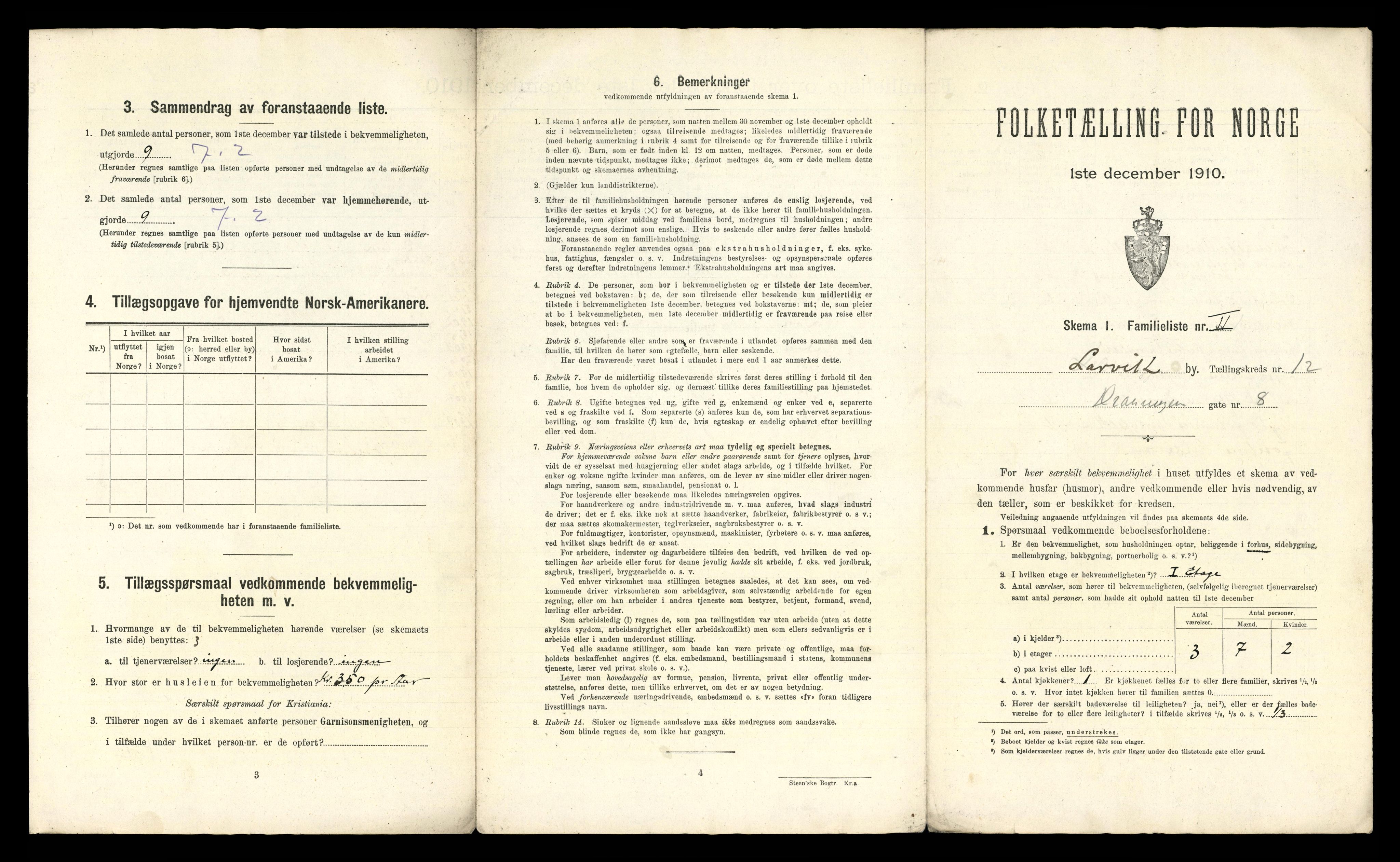 RA, 1910 census for Larvik, 1910, p. 3849