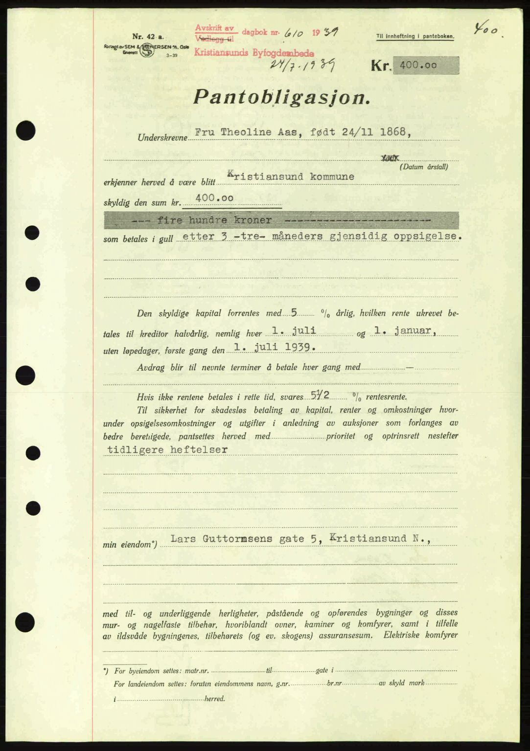 Kristiansund byfogd, AV/SAT-A-4587/A/27: Mortgage book no. 31, 1938-1939, Diary no: : 610/1939